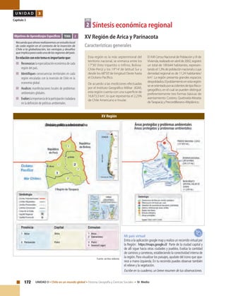 172 UNIDAD 3 • Chile en un mundo global • Historia, Geografía y Ciencias Sociales • IV Medio
U N I D A D 3
Capítulo 3
XV Región de Arica y Parinacota
Características generales
TEMA
2 Síntesis económica regional
Objetivos de Aprendizajes Específicos
Recuerdaqueahorarealizaremosunestudiolocal
de cada región en el contexto de la inserción de
Chile a la globalización, las ventajas y desafíos
queimplicaparacadaunadelasregionesdelpaís.
Enrelaciónconestetemaesimportanteque:
■	Reconozcaslaespecializacióneconómicadecada
región del país.
■	Identifiques consecuencias territoriales en cada
región vinculadas con la inserción de Chile en la
economía global.
■	Analices manifestaciones locales de problemas
ambientales globales.
■	Evalúeslaimportanciadelaparticipaciónciudadana
en la definición de políticas ambientales.
TEMA 2
XV Región
Fuente: archivo editorial.
Mi país virtual
Entra a la aplicación google map y realiza un recorrido virtual por
la Región: https://maps.google.cl/ Parte de la ciudad capital y
de allí sigue hacia otras ciudades y pueblos. Evalúa la cantidad
de caminos y carreteras,estableciendo la conectividad interna de
la región.Para visualizar los paisajes,ayudate del ícono que apa-
rece a mano izquierda. En tu recorrido puedes observar también
el relieve y la vegetación.
Escribe en tu cuaderno,un breve resumen de tus observaciones.
Esta región es la más septentrional del
territorio nacional, se enmarca entre los
17°30’ (hito tripartito o trifinio, Bolivia-
Chile-Perú) y los 19°14’ de latitud Sur y
desde los 68°50’de longitud Oeste hasta
el Océano Pacífico.
De acuerdo a las mediciones efectuadas
por el Instituto Geográfico Militar (IGM),
esta región cuenta con una superficie de
16.873,3 km2
, lo que representa el 2,23%
de Chile Americano e Insular.
El XVII Censo Nacional de Población yVI de
Vivienda,realizadoenabrilde2002,registró
un total de 189.644 habitantes, represen-
tandoel1,3%depoblaciónnacionalycuya
densidad regional es de 11,24 habitantes/
km2
. La región presenta grandes espacios
despoblados.Elpoblamientoenestaregión
seveorientadoporaccidentesdetipofísico-
geográfico, en el cual se pueden distinguir
preferentemente tres formas básicas de
asentamiento: Costero, Quebrada-Meseta
deTarapacá; y Precordillerano-Altiplánico.
Áreas protegidas y problemas ambientalesDivisión político administrativa
 