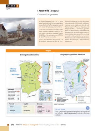174 UNIDAD 3 • Chile en un mundo global • Historia, Geografía y Ciencias Sociales • IV Medio
U N I D A D 3
Capítulo 3
I Región de Tarapacá
Características generales
Se enmarca entre los 18°56’y los 21°36’de
latitudSurydesdelos68°24’delongitudOeste
hastaelOcéanoPacífico.Lacapitalregional
es la ciudad de Iquique, puerto marítimo.
De acuerdo a las mediciones efectuadas
por el Instituto Geográfico Militar (IGM),
esta región cuenta con una superficie de
42.225,8 km2
, lo que representa el 5,58%
de Chile Americano e Insular.
El XVII Censo Nacional de Población y VI
de Vivienda, realizado en abril de 2002,
registró un total de 238.950 habitantes,
representando 1,58% de la población
nacional. La densidad regional es de 5,66
habitantes/km2
. Presenta al igual que la
Región de Arica y Parinacota, grandes
espacios despoblados. El poblamiento en
esta región se ve condicionado por acci-
dentes de tipo físico-geográfico, en el cual
sepuedendistinguirpreferentementetres
formas básicas de asentamiento: Costero,
Pampa del Tamarugal; y Precordillerano-
Altiplánico.
I Región
Fuente: archivo editorial.
Mi país virtual
Entra a la aplicación google map y realiza un recorrido virtual
por la Región: https://maps.google.cl/ según las indicaciones
ya dadas.
Áreas protegidas y problemas ambientalesDivisión político administrativa
 