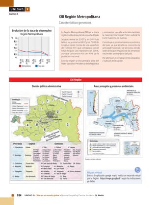 184 UNIDAD 3 • Chile en un mundo global • Historia, Geografía y Ciencias Sociales • IV Medio
U N I D A D 3
Capítulo 3
XIII Región Metropolitana
Características generales
Evolución de la tasa de desempleo
Región Metropolitana
Ab-Jun
2012
En-Mar
2012
Oct-Dic
2011
Jul-Sept
2011
Metropolitana Total país
9
8,5
8
7,5
7
6,5
6
Ab-Jun
2011
%
La Región Metropolitana (RM) es la única
región mediterráneaylamáspequeñadelpaís.
Se ubica entre los 32º55’ y los 34º19’ de
latitud sur, y entre los 69º47’y los 71º43’de
longitud oeste. Consta de una superficie
de 15.403,2 Km2
, que comparada con el
total del país solo representa el 2,05%,
aunque concentra más del 40% de la
población nacional.
En esta región se encuentra la sede del
PoderEjecutivo:PresidenciadelaRepública
y ministerios, y en ella se localiza también
la máxima instancia del Poder Judicial: la
Corte Suprema de Justicia.
Constituye el principal centro económico
del país, ya que en ella se concentra la
actividad industrial y de servicios, siendo
sede de la gran mayoría de las empresas
nacionales y extranjeras del país.
Porúltimo,eselprincipalcentroeducativo
y cultural de la nación.
XIII Región
Fuente: archivo editorial.
Mi país virtual
Entra a la aplicación google map y realiza un recorrido virtual
por la Región: https://maps.google.cl/ según las indicaciones
ya dadas.
Áreas protegidas y problemas ambientalesDivisión político administrativa
 