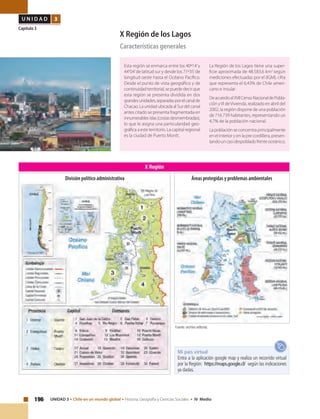 196 UNIDAD 3 • Chile en un mundo global • Historia, Geografía y Ciencias Sociales • IV Medio
U N I D A D 3
Capítulo 3
X Región de los Lagos
Características generales
Esta región se enmarca entre los 40º14’y
44°04’de latitud sur y desde los 71º35’de
longitud oeste hasta el Océano Pacífico.
Desde el punto de vista geográfico y de
continuidad territorial, se puede decir que
esta región se presenta dividida en dos
grandesunidades,separadasporelcanalde
Chacao. La unidad ubicada al Sur del canal
antes citado se presenta fragmentada en
innumerablesislas(costasdesmembradas),
lo que le asigna una particularidad geo-
gráfica a este territorio. La capital regional
es la ciudad de Puerto Montt.
La Región de los Lagos tiene una super-
ficie aproximada de 48.583,6 km2
según
mediciones efectuadas por el (IGM), cifra
que representa el 6,43% de Chile ameri-
cano e insular.
DeacuerdoalXVIICensoNacionaldePobla-
ción yVI deVivienda, realizado en abril del
2002, la región dispone de una población
de 716.739 habitantes, representando un
4,7% de la población nacional.
La población se concentra principalmente
en el interior y en la pre cordillera, presen-
tandouncasidespobladofrenteoceánico.
X Región
Fuente: archivo editorial.
Mi país virtual
Entra a la aplicación google map y realiza un recorrido virtual
por la Región: https://maps.google.cl/ según las indicaciones
ya dadas.
Áreas protegidas y problemas ambientalesDivisión político administrativa
 