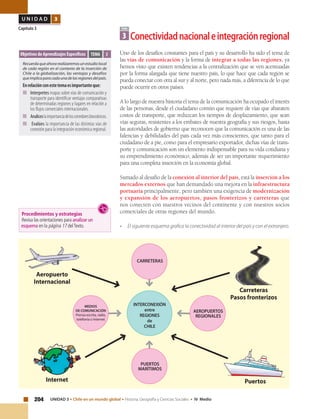204 UNIDAD 3 • Chile en un mundo global • Historia, Geografía y Ciencias Sociales • IV Medio
U N I D A D 3
Capítulo 3
Uno de los desafíos constantes para el país y su desarrollo ha sido el tema de
las vías de comunicación y la forma de integrar a todas las regiones, ya
hemos visto que existen tendencias a la centralización que se ven acentuadas
por la forma alargada que tiene nuestro país, lo que hace que cada región se
pueda conectar con otra al sur y al norte, pero nada más, a diferencia de lo que
puede ocurrir en otros países.
A lo largo de nuestra historia el tema de la comunicación ha ocupado el interés
de las personas, desde el ciudadano común que requiere de vías que abaraten
costos de transporte, que reduzcan los tiempos de desplazamiento, que sean
vías seguras, resistentes a los embates de nuestra geografía y sus riesgos, hasta
las autoridades de gobierno que reconocen que la comunicación es una de las
falencias y debilidades del país cada vez más conscientes, que tanto para el
ciudadano de a pie, como para el empresario exportador, dichas vías de trans-
porte y comunicación son un elemento indispensable para su vida cotidiana y
su emprendimiento económico; además de ser un importante requerimiento
para una completa inserción en la economía global.
Sumado al desafío de la conexión al interior del país, está la inserción a los
mercados externos que han demandado una mejora en la infraestructura
portuaria principalmente, pero también una exigencia de modernización
y expansión de los aeropuertos, pasos fronterizos y carreteras que
nos conecten con nuestros vecinos del continente y con nuestros socios
comerciales de otras regiones del mundo.
• 	 El siguiente esquema grafica la conectividad al interior del país y con el extranjero.
TEMA
3 Conectividadnacionaleintegraciónregional
Objetivos de Aprendizajes Específicos
Recuerdaqueahorarealizaremosunestudiolocal
de cada región en el contexto de la inserción de
Chile a la globalización, las ventajas y desafíos
queimplicaparacadaunadelasregionesdelpaís.
Enrelaciónconestetemaesimportanteque:
■		Interpretes mapas sobre vías de comunicación y
transporte para identificar ventajas comparativas
de determinadas regiones y lugares en relación a
los flujos comerciales internacionales.
■		Analiceslaimportanciadeloscorredoresbioceánicos.
■		 Evalúes la importancia de las distintas vías de
conexión para la integración económica regional.
TEMA 3
PuertosInternet
Carreteras
Pasos fronterizos
Aeropuerto
Internacional
INTERCONEXIÓN
entre
REGIONES
de
CHILE
MEDIOS
DE COMUNICACIÓN
Prensa escrita, radio,
telefonía o Internet
AEROPUERTOS
REGIONALES
PUERTOS
MARÍTIMOS
CARRETERAS
Procedimientos y estrategias
Revisa las orientaciones para analizar un
esquema en la página 17 delTexto.
 
