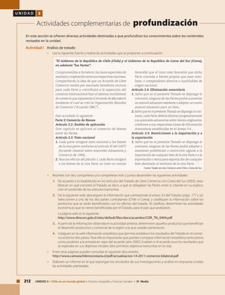 212 UNIDAD 3 • Chile en un mundo global • Historia, Geografía y Ciencias Sociales • IV Medio
U N I D A D 3
Actividades complementarias de profundización
En esta sección se ofrecen diversas actividades destinadas a que profundices tus conocimientos sobre los contenidos
revisados en la unidad.
Actividad I Análisis de tratado
• 	 Lee la siguiente fuente y realiza las actividades que se proponen a continuación.
		
Comprometidos a fortalecer los lazos especiales de
amistad y cooperación entre sus respectivas naciones.
Compartiendo la idea de que un Acuerdo de Libre
Comercio tendrá por resultado beneficios mutuos
para cada Parte y contribuirá a la expansión del
comercio internacional bajo el sistema multilateral
de comercio que representa elAcuerdo de Marrakech
mediante el cual se creó la Organización Mundial
de Comercio (“Acuerdo OMC”)…
Han acordado lo siguiente:
Parte II Comercio de Bienes
Artículo 3.2: Ámbito de aplicación
Este capítulo se aplicará al comercio de bienes
entre las Partes.
Artículo 3.3: Trato nacional
1. Cada parte otorgará trato nacional a los bienes
de la otra parte conforme al artículo III del GATT
[Acuerdo General sobre Aranceles Aduaneros y
Comercio de 1994]…
2. Para los efectos del párrafo 1, cada Parte otorgará
a los bienes de la otra Parte un trato no menos
favorable que el trato más favorable que dicha
Parte conceda a bienes propios que sean simi-
lares, o competidores directos o sustituibles de
origen nacional.
Artículo 3.4: Eliminación arancelaria
1. Salvo que en el presente Tratado se disponga lo
contrario, ninguna de las Partes podrá aumentar
un arancel aduanero existente o adoptar un nuevo
arancel aduanero para un bien;
2.Salvo que en el presenteTratado se disponga lo con-
trario,cada Parte deberá eliminar progresivamente
sus aranceles aduaneros sobre bienes originarios,
conforme a sus respectivas Listas de Eliminación
Arancelaria establecidas en el Anexo 3.4…
Artículo 3.9: Restricciones a la importación y a
la exportación
1. Salvo que en el presente Tratado se disponga lo
contrario, ninguna de las Partes podrá adoptar o
mantener prohibición o restricción alguna a la
importación de cualquier bien de la otra Parte o a la
exportación o venta para exportación de cualquier
bien destinado al territorio de la otra Parte…” .
Fuente: Tratado de Libre Comercio entre Chile y Corea del Sur.
“El Gobierno de la República de Chile (Chile) y el Gobierno de la República de Corea del Sur (Corea),
en adelante “las Partes”:
• 	 Reúnete con dos compañeros y/o compañeras más y juntos desarrollen las siguientes actividades:
1. 	 De acuerdo a lo establecido en los artículos del Tratado de Libre Comercio con Corea del Sur (2003), esta-
blezcan en qué consistió el Tratado, es decir, a qué se obligaban las Partes entre sí, citando en su explica-
ción el contenido de los artículos transcritos.
2. 	 De la siguiente web, descarguen la información que corresponde al anexo 3.4 del Tratado (págs. 177 y ss).
Seleccionen a uno de los dos países contratantes (Chile o Corea), y clasifiquen la información sobre los
productos que se verán beneficiados con los efectos del tratado. Al clasificar, determinen las actividades
económicas que se vieron beneficiadas por el Tratado, para el país que analizaron.
	 La página web es la siguiente:
	http://www.direcon.gob.cl/sites/default/files/docs/acuerdos/COR_TN_0404.pdf
3. 	 A partir de la información obtenida en la actividad anterior, determinen aquellos productos que benefician
el desarrollo productivo y comercial de la región a la que ustedes pertenecen.
4. 	 Indaguen en la web información estadística que permita establecer los resultados delTratado en el comer-
cio entre los dos países. Para ello es importante que puedan comparar información estadística tanto previa
como posterior a la entrada en vigor del acuerdo (año 2005). Evalúen si el acuerdo tuvo los resultados que
se esperaba en sus objetivos iniciales (dos primeros objetivos transcritos en la cita).
• 	 Entre otras páginas pueden consultar el siguiente documento:
	 http://www.camarachilenocoreana.cl/pdf/actualizacion-14-2011-comercio-bilateral.pdf
• 	 Elaboren un informe en el que expongan los resultados de sus investigaciones y análisis en respuesta a todas
las actividades planteadas.
 