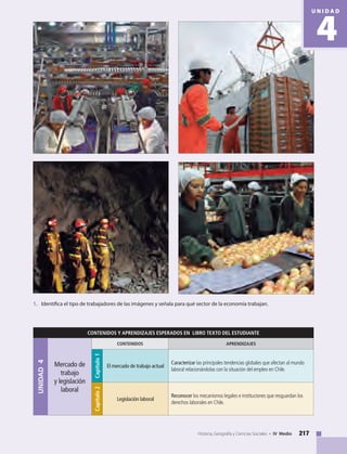 217Historia, Geografía y Ciencias Sociales • IV Medio
CONTENIDOS Y APRENDIZAJES ESPERADOS EN LIBRO TEXTO DEL ESTUDIANTE
UNIDAD4
Mercado de
trabajo
y legislación
laboral
CONTENIDOS APRENDIZAJES
Capítulo1
El mercado de trabajo actual
Caracterizar las principales tendencias globales que afectan al mundo
laboral relacionándolas con la situación del empleo en Chile.
Capítulo2
Legislación laboral
Reconocer los mecanismos legales e instituciones que resguardan los
derechos laborales en Chile.
1. 	 Identifica el tipo de trabajadores de las imágenes y señala para qué sector de la economía trabajan.
4
U N I D A D
 