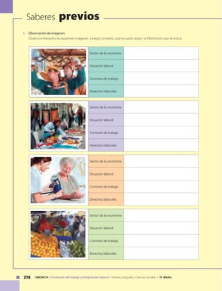 U N I D A D 1
218 UNIDAD 4 • El mercado del trabajo y la legislación laboral • Historia, Geografía y Ciencias Sociales • IV Medio
Saberes previos
I.	 Observación de imágenes
	 Observa e interpreta las siguientes imágenes y luego completa cada recuadro según la información que se indica:
Sector de la economía
Situación laboral
Contrato de trabajo
Derechos laborales
Sector de la economía
Situación laboral
Contrato de trabajo
Derechos laborales
Sector de la economía
Situación laboral
Contrato de trabajo
Derechos laborales
Sector de la economía
Situación laboral
Contrato de trabajo
Derechos laborales
 