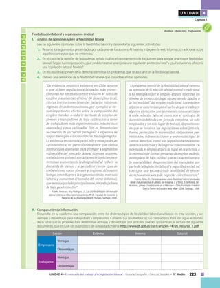 223UNIDAD 4 • El mercado del trabajo y la legislación laboral • Historia, Geografía y Ciencias Sociales • IV Medio
U N I D A D 4
Capítulo 1
Actividad
Análisis • Relación • Evaluación
	 Flexibilización laboral y organización sindical
I. 	 Análisis de opiniones sobre la flexibilidad laboral
Lee las siguientes opiniones sobre la flexibilidad laboral y desarrolla las siguientes actividades:
1. 	 Resume los argumentos presentados por cada uno de los autores. Al hacerlo, indaga en la web información adicional sobre
aquellos conceptos que no entiendas.
2. 	 En el caso de la opinión de la izquierda, señala cuál es el razonamiento de los autores para apoyar una mayor flexibilidad
laboral. Según tu interpretación, ¿qué problemas trae aparejada una regulación proteccionista? y ¿qué soluciones ofrecería
una legislación laboral flexible?
3. 	 En el caso de la opinión de la derecha, identifica los problemas que se asocian con la flexibilidad laboral.
4. 	 Elabora una definición de la flexibilidad laboral que considere ambas opiniones.
II. 	 Comparación de información
Desarrolla en tu cuaderno una comparación entre los distintos tipos de flexibilidad laboral analizados en esta sección, y sus
ventajas y desventajas para trabajadores y empresarios. Comenta tus resultados con tus compañeros. Para ello sigue el modelo
de la tabla que se propone. Para determinar ventajas y desventajas por sectores, puedes apoyarte en la lectura del siguiente
documento, que incluye un diagnóstico de la realidad chilena: http://www.dt.gob.cl/1601/articles-74726_recurso_1.pdf
Sector Externa Interna Salarial
Empresario
Ventajas
Desventajas
Trabajador
Ventajas
Desventajas
“La evidencia empírica existente en Chile apunta
a que si bien regulaciones laborales más protec-
cionistas no necesariamente reducen el nivel de
empleo o aumentan el nivel de desempleo total,
ciertas instituciones laborales (salarios mínimos,
régimen de indemnizaciones, por ejemplo) sí tie-
nen importantes efectos sobre la composición del
empleo: tienden a reducir las tasas de empleo de
jóvenes y trabajadores de baja calificación a favor
de trabajadores más experimentados (edades más
avanzadas) y más calificados. Esto es, fomentarían
la creación de un “sector protegido” a expensas de
mayor desempleo e informalidad en los desprotegidos.
La evidencia encontrada para Chile y otros países de
Latinoamérica, en particular establece que ciertas
instituciones diseñadas para proteger a segmentos
vulnerables del mercado laboral (jóvenes, mujeres,
trabajadores pobres) son altamente ineficientes y
terminan aumentando la desigualdad al reducir la
demanda de trabajo y al perjudicar ciertos tipos de
trabajadores, como jóvenes y mujeres. Al mismo
tiempo, contribuyen a la segmentación del mercado
laboral y aumentan el tamaño del sector informal,
que termina poblado principalmente por trabajadores
de baja productividad”.
Fuente: Perticara, M. y Rodríguez, J., Las (In) flexibilidades del mercado
laboral chileno, en Observatorio económico Nº 24, Facultad de Economía y
Negocios de la Universidad Alberto Hurtado, Santiago, 2008.
“El problema central de la flexibilidad laboral externa
es la erosión de la relación laboral normal o tradicional
y su reemplazo por el empleo atípico, mientras los
niveles de protección legal siguen siendo ligados a
la “normalidad” del empleo tradicional. Los empleos
atípicos se caracterizan por el hecho de que se excluyen
algunos elementos que antes eran consustanciales
a toda relación laboral como son el contrato de
duración indefinida con jornada completa, un solo
empleador y un solo lugar de trabajo, disposiciones
en que se basaban las regulaciones sobre jornada,
fueros, protección de maternidad, cotizaciones pre-
visionales, indemnizaciones y protección legal de
ciertos derechos, como son la posibilidad de ejercer
derechos sindicales y de negociar colectivamente. De
este modo, el empleo atípico da lugar, en la práctica, a
la extensión de formas precarias de empleo, es decir,
de empleos de baja calidad que se caracterizan por
la inestabilidad, desprotección del trabajador por
parte de la legislación laboral y seguridad social, así
como por una escasa o nula posibilidad de ejercer
derechos sindicales y de negociar colectivamente”.
Fuente: Yáñez, S., Consideraciones sobre flexibilidad laboral planteadas
desde una perspectiva de género, en Ensignia, J. y Yáñez, S. (editores), Sin-
dicalismo, género y flexibilización en el Mercosur y Chile, Fundación Friedrich
Ebert y Centro de Estudios de la Mujer (CEM), Santiago, 1999.
 