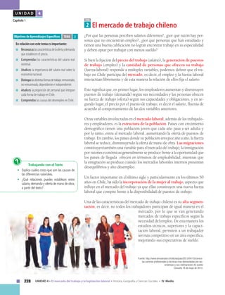 228 UNIDAD 4 • El mercado del trabajo y la legislación laboral • Historia, Geografía y Ciencias Sociales • IV Medio
U N I D A D 4
Capítulo 1 TEMA
2 El mercado de trabajo chileno
¿Por qué las personas perciben salarios diferentes?, ¿por qué razón hay per-
sonas que no encuentran empleo?, ¿por qué personas que han estudiado y
tienen una buena calificación no logran encontrar trabajo en su especialidad
y deben optar por trabajar con menos sueldo?
Si bien la fijación del precio del trabajo (salario), la generación de puestos
de trabajo (empleo) y la cantidad de personas que ofrecen su trabajo
(fuerza laboral) responde a múltiples variables, podemos definir que el tra-
bajo en Chile participa del mercado, es decir, el empleo y la fuerza laboral
interactúan libremente y de esta manera la relación de ellos fija el salario.
Esto significa que, en primer lugar, los empleadores aumentan y disminuyen
puestos de trabajo (demanda) según sus necesidades y las personas ofrecen
su fuerza de trabajo (oferta) según sus capacidades y obligaciones, y en se-
gundo lugar, el precio por el puesto de trabajo, es decir el salario, fluctúa de
acuerdo al comportamiento de las dos variables anteriores.
Otras variables involucradas en el mercado laboral, además de los trabajado-
res y empleadores, es la estructura de la población. Países con crecimiento
demográfico tienen una población joven que cada año pasa a ser adulta y
por lo tanto, entra al mercado laboral, aumentando la oferta de puestos de
trabajo. En cambio, los países donde su población envejece año a año, la fuerza
laboral se reduce, disminuyendo la oferta de mano de obra. Las migraciones
constituyen también una variable para el mercado del trabajo; la inmigración
por razones económicas generalmente se produce frente a la oportunidad que
los países de llegada ofrecen en términos de empleabilidad, mientras que
la emigración se produce cuando los mercados laborales internos presentan
desequilibrios y alto desempleo.
Un factor importante en el último siglo y particularmente en los últimos 50
años en Chile, ha sido la incorporación de la mujer al trabajo, aspecto que
influye en el mercado del trabajo ya que ellas constituyen una nueva fuerza
laboral que compite frente a la disponibilidad de puestos de trabajo.
Una de las características del mercado de trabajo chileno es su alta segmen-
tación, es decir, no todos los trabajadores participan de igual manera en el
mercado, por lo que se van generando
mercados de trabajo específicos según la
necesidad del empleo. De esta manera los
estudios técnicos, superiores y la capaci-
tación laboral, permiten a un trabajador
ser más competitivo en un área específica,
mejorando sus expectativas de sueldo.
Objetivos de Aprendizajes Específicos
En relación con este tema es importante:
■	 Reconozcaslascaracterísticasdelaofertaydemanda
que establecen el precio.
■	 Comprendas las características del salario real
nominal.
■	 Analices la importancia del salario real sobre la
economía nacional.
■	 Distingaslasdistintasformasdetrabajo:remunerado,
no remunerado, dependiente e independiente.
■	 Analices la proporción de personal que integran
cada forma de trabajo en Chile.
■	 Comprendas las causas del desempleo en Chile.
TEMA 2
Trabajando con el Texto
•	 Explica cuáles crees que son las causas de
las diferencias salariales.
•	 ¿Qué relaciones puedes establecer entre
salario,demanda y oferta de mano de obra,
a partir del texto?
?
Fuente: http://www.elmostrador.cl/noticias/pais/2013/04/15/conoce-
las-carreras-profesionales-y-tecnicas-mas-demandadas-por-las-
empresas-y-sus-estimaciones-de-sueldo
Consulta 16 de mayo de 2013.
 