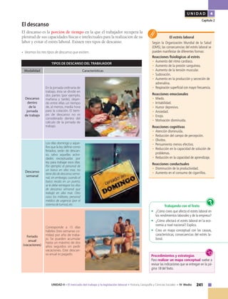 241UNIDAD 4 • El mercado del trabajo y la legislación laboral • Historia, Geografía y Ciencias Sociales • IV Medio
U N I D A D 4
Capítulo 2
El estrés laboral
Según la Organización Mundial de la Salud
(OMS), las consecuencias del estrés laboral se
pueden manifestar de diferentes formas:
Reacciones fisiológicas al estrés
•	Aumento del ritmo cardíaco.
•	Aumento de la presión sanguínea.
•	Aumento de la tensión muscular.
•	Sudoración.
•	Aumento en la producción y secreción de
adrenalina.
•	 Respiración superficial con mayor frecuencia.
Reacciones emocionales
•	Miedo.
•	Irritabilidad.
•	Humor depresivo.
•	Ansiedad.
•	Enojo.
•	Motivación disminuida.
Reacciones cognitivas
•	Atención disminuida.
•	Reducción del campo de percepción.
•	Olvidos.
•	Pensamiento menos efectivo.
•	Reducción en la capacidad de solución de
problemas.
•	Reducción en la capacidad de aprendizaje.
Reacciones conductuales
•	Disminución de la productividad.
•	Aumento en el consumo de cigarrillos.
El descanso
El descanso es la porción de tiempo en la que el trabajador recupera la
plenitud de sus capacidades físicas e intelectuales para la realización de su
labor y evitar el estrés laboral. Existen tres tipos de descanso.
• Veamos los tres tipos de descanso que existen.
Trabajando con el Texto
• 	 ¿Cómo crees que afecta el estrés laboral en
los rendimientos laborales y de la empresa?
• 	 ¿Cómo afectará el estrés laboral en la eco-
nomía a nivel nacional? Explica.
• 	 Crea un mapa conceptual con las causas,
características, consecuencias del estrés la-
boral.
?
TIPOS DE DESCANSO DEL TRABAJADOR
Modalidad Características
Descanso
dentro
de la
jornada
de trabajo
En la jornada ordinaria de
trabajo, ésta se divide en
dos partes (por ejemplo,
mañana y tarde), dejan-
do entre ellas un tiempo
de, al menos, media hora
para la colación. El tiem-
po de descanso no es
considerado dentro del
cálculo de la jornada de
trabajo.
Descanso
semanal
Los días domingo y aque-
llos que la ley define como
feriados, serán de descan-
so, salvo aquellas activi-
dades exceptuadas por
ley para trabajar esos días.
Por ejemplo: el personal de
un barco en alta mar, no
tiene día de descanso sema-
nal, sin embargo, cuando el
barco recala en un puerto,
se le debe reintegrar los días
de descanso semanal que
trabajó en alta mar. Otro
caso: los militares, personal
médico de urgencia (por el
sistemadeturnos),etc.
Feriado
anual
(vacaciones)
Corresponde a 15 días
hábiles (tres semanas co-
rridas) por año de traba-
jo. Se pueden acumular
hasta un máximo de dos
años seguidos sin pedir
vacaciones. Este descan-
so anual es pagado. Procedimientos y estrategias
Para realizar un mapa conceptual vuelve a
revisar las indicaciones que se entregan en la pá-
gina 18 delTexto.
 