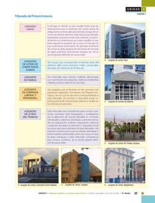 37UNIDAD 1 • Régimen político y constitucional chileno • Historia, Geografía y Ciencias Sociales • IV Medio
U N I D A D 1
Capítulo 1
Tribunales de Primera Instancia
	 Juzgado de Letras Talca.
	 Juzgado de Familia de Valdivia.
	 Juzgado de Letras del Trabajo, Iquique.
JUZGADOS
CIVILES
JUZGADOS
DE COBRANZA
LABORAL Y
PREVISIONAL
JUZGADOS
DE FAMILIA
JUZGADOS
DE LETRAS DE
COMPETENCIA
COMÚN
Es el lugar en donde un juez resuelve entre otras, las
reclamaciones que se presentan por escrito acerca de
obligaciones contractuales (por ejemplo, el pago de un
monto de dinero), derechos sobre bienes (por ejemplo,
propiedad), sucesiones, entre otras materias. Los proce-
dimientos no contenciosos son todos aquellos en que
la ley requiere la actuación de un juez y en los que no
hay controversia entre partes. Por ejemplo: el divorcio
decomúnacuerdo,designacióndetutoresdemenores
de edad, autenticar documentos privados, etc. Ver en
secciónglosariodefinicióndecausasciviles.
Son juzgados que se levantan en las comunas más
populosas (Valparaíso, Concepción, San Miguel y San-
tiago) y ven los juicios ejecutivos correspondientes a
leyes laborales, de previsión o seguridad social, co-
branza judicial de imposiciones, aportes y multas en
los institutos de previsión.
Son tribunales que conocen materias relacionadas
con matrimonio civil, adopción, violencia intrafamiliar,
maltrato, tuición y relación con los hijos.
Ven causas que corresponden a distintas áreas del
derecho, tales como procesos civiles, comerciales,
laborales, de cobranza, de familia, etc.
Estos tribunales son competentes para conocer cues-
tiones suscitadas entre trabajadores y empleadores
por la aplicación de normas laborales en contratos
individuales o colectivos de trabajo; cuestiones deriva-
das de organización sindical y negociación colectiva;
cuestiones derivadas de previsión o seguridad social;
los juicios ejecutivos derivados de leyes laborales o de
previsión social; los juicios por accidentes del trabajo o
enfermedades profesionales, entre otros casos en que
las leyes entreguen a estos tribunales competencia
para conocer conflictos. Ver en sección glosario defini-
cióndecausasciviles.
JUZGADOS
DE LETRAS
DEL TRABAJO
	 Juzgado de Letras, Magallanes.	 Juzgado de Letras, Copiapó.Juzgado de Letras y Garantía Puerto Natales.
 