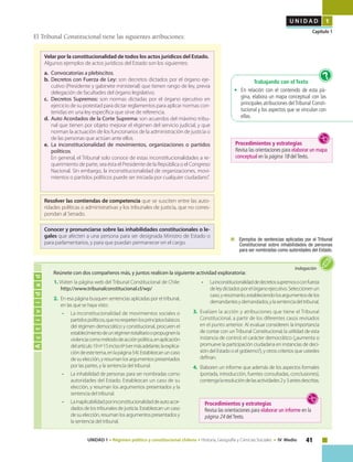 41UNIDAD 1 • Régimen político y constitucional chileno • Historia, Geografía y Ciencias Sociales • IV Medio
U N I D A D 1
Capítulo 1
El Tribunal Constitucional tiene las siguientes atribuciones:
Trabajando con el Texto
• 	 En relación con el contenido de esta pá-
gina, elabora un mapa conceptual con las
principales atribuciones delTribunal Consti-
tucional y los aspectos que se vinculan con
ellas.
?
	 Ejemplos de sentencias aplicadas por el Tribunal
Constitucional sobre inhabilidades de personas
para ser nombradas como autoridades del Estado.
Velar por la constitucionalidad de todos los actos jurídicos del Estado.
Algunos ejemplos de actos jurídicos del Estado son los siguientes:
a. 	Convocatorias a plebiscitos.
b. 	Decretos con Fuerza de Ley: son decretos dictados por el órgano eje-
cutivo (Presidente y gabinete ministerial) que tienen rango de ley, previa
delegación de facultades del órgano legislativo.
c. 	Decretos Supremos: son normas dictadas por el órgano ejecutivo en
ejercicio de su potestad para dictar reglamentos para aplicar normas con-
tenidas en una ley específica que sirve de referencia.
d. 	Auto Acordados de la Corte Suprema: son acuerdos del máximo tribu-
nal que tienen por objeto mejorar el régimen del servicio judicial, y que
norman la actuación de los funcionarios de la administración de justicia o
de las personas que actúan ante ellos.
e. 	La inconstitucionalidad de movimientos, organizaciones o partidos
políticos.
	 En general, el Tribunal solo conoce de estas inconstitucionalidades a re-
querimiento de parte, sea ésta el Presidente de la República o el Congreso
Nacional. Sin embargo, la inconstitucionalidad de organizaciones, movi-
mientos o partidos políticos puede ser iniciada por cualquier ciudadano”.
Resolver las contiendas de competencia que se susciten entre las auto-
ridades políticas o administrativas y los tribunales de justicia, que no corres-
pondan al Senado.
Conocer y pronunciarse sobre las inhabilidades constitucionales o le-
gales que afecten a una persona para ser designada Ministro de Estado o
para parlamentarios, y para que puedan permanecer en el cargo.
Procedimientos y estrategias
Revisa las orientaciones para elaborar un mapa
conceptual en la página 18 delTexto.
Reúnete con dos compañeros más, y juntos realicen la siguiente actividad exploratoria:
Actividad
Indagación
Procedimientos y estrategias
Revisa las orientaciones para elaborar un informe en la
página 24 delTexto.
1. Visiten la página web del Tribunal Constitucional de Chile:
http://www.tribunalconstitucional.cl/wp/
2.	En esa página busquen sentencias aplicadas por el tribunal,
en las que se haya visto:
•	 La inconstitucionalidad de movimientos sociales o
partidospolíticos,quenorespetenlosprincipiosbásicos
del régimen democrático y constitucional, procuren el
establecimientodeunrégimentotalitarioopropugnenla
violenciacomométododeacciónpolítica,enaplicación
delartículo19nº15inciso6º(vermásadelante,laexplica-
cióndeestetema,enlapágina54).Establezcanuncaso
desuelección,yresumanlosargumentospresentados
por las partes, y la sentencia del tribunal.
•	 La inhabilidad de personas para ser nombradas como
autoridades del Estado. Establezcan un caso de su
elección, y resuman los argumentos presentados y la
sentencia del tribunal.
•	 Lainaplicabilidadporinconstitucionalidaddeautoacor-
dados de los tribunales de justicia. Establezcan un caso
desuelección,resumanlosargumentospresentadosy
la sentencia del tribunal.
•	 Lainconstitucionalidaddedecretossupremosoconfuerza
deleydictadosporelórganoejecutivo.Seleccionenun
caso,yresúmanlo,estableciendolosargumentosdelos
demandantesydemandados,ylasentenciadeltribunal.
3.	Evalúen la acción y atribuciones que tiene el Tribunal
Constitucional, a partir de los diferentes casos revisados
en el punto anterior. Al evaluar consideren: la importancia
de contar con unTribunal Constitucional; la utilidad de esta
instancia de control; el carácter democrático (¿aumenta o
promueve la participación ciudadana en instancias de deci-
sión del Estado o el gobierno?), y otros criterios que ustedes
definan.
4.	Elaboren un informe que además de los aspectos formales
(portada, introducción, fuentes consultadas, conclusiones),
contengalaresolucióndelasactividades2y3antesdescritas.
 