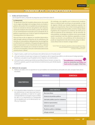 47UNIDAD 1 • Régimen político y constitucional chileno • Historia, Geografía y Ciencias Sociales • IV Medio
U N I D A D 1
Capítulo 2
A c t i v i d a d e v a l u a t i v a
I.	Análisis de fuente histórica
	 Lee el siguiente texto y responde las preguntas que se formulan sobre él.
La democracia
“El significado literal de la palabra democracia, de acuerdo
con su origen etimológico en la antigua Grecia, es el poder o
gobierno del pueblo. En la actualidad este principio general-
mente se entiende en término del gobierno de la mayoría,
expresado mediante elecciones libres y justas. No obstante,
es casi universalmente reconocido que la concepción de un
gobierno mayoritario por sí sola no capta la interpretación
contemporánea de la democracia…
Para que hoy en día un régimen se considere democrático,
debe proteger además los derechos de los individuos y las
minorías,en otras palabras,debe garantizar las prerrogativas
y la libertad de los ciudadanos.Estas garantías generalmente
están incorporadas en una Constitución escrita, y además
el gobierno está limitado por el Estado de derecho. La de-
mocracia así entendida a menudo se denomina democracia
constitucional o liberal.
Sin embargo, esto significa que la democracia moderna
tiene un carácter dual, es de suyo, en este sentido, un tipo
de régimen híbrido, que templa el gobierno popular con
rasgos anti mayoritarios. Pues si bien intenta garantizar la
soberanía fundamental del pueblo, al mismo tiempo limita
el gobierno de la mayoría en lo cotidiano, de modo que no
viole los derechos de los individuos o de las minorías. En
otras palabras, no persigue un objetivo único que se puede
querer maximizar, sino dos objetivos separados y a veces
rivales. La solución a los problemas de la democracia no
puede ser simplemente más democracia, porque la demo-
cracia liberal está en tensión consigo misma”.
Fuente: Plattner, M., Populismo, pluralismo y democracia liberal: En http://
www.journalofdemocracyenespanol.cl/pdf/11_Plattner.pdf
Consulta 25 de febrero de 2013.
1.	 Según el autor, ¿cuáles son los principios de la democracia en el mundo actual?
2.	 ¿Por qué sostiene el autor que no basta con“el gobierno de la mayoría”para definir a la democracia? Indaga ejemplos
históricos o actuales en que“el gobierno de la mayoría”no es democrático.
3.	 ¿Por qué el autor sostiene que la democracia liberal“está en tensión consigo mis-
ma”? En tu opinión, ¿qué es lo que tensiona a la democracia y por dónde pasaría
la solución?
II.	 Definición de conceptos
1.	 Elabora una tabla como la siguiente en la cual establece las características principales de cada concepto hasta ahora
estudiado:
	
Características REPÚBLICA DEMOCRACIA
Características
2.	 En la siguiente tabla se presenta un conjunto
de características. Lo que tienes que hacer es
establecer, poniendo un ticket en el cuadro
correspondiente al concepto al que se refiere
(es decir, si la característica se corresponde
con la república y/o con la democracia). Jus-
tifica tus respuestas.
Características REPÚBLICA DEMOCRACIA
Elecciones libres
Existencia de partidos políticos
Libertades públicas para los ciudadanos
Gobierno representativo
Soberanía nacional
Pluralismo político e ideológico
Sufragio universal
Procedimientos y estrategias
Revisa las orientaciones para analizar una
fuente escrita en la página 158 delTexto.
 
