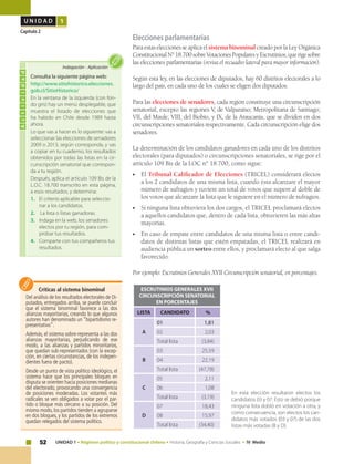52 UNIDAD 1 • Régimen político y constitucional chileno • Historia, Geografía y Ciencias Sociales • IV Medio
U N I D A D 1
Capítulo 2
Elecciones parlamentarias
Para estas elecciones se aplica el sistema binominal creado por la Ley Orgánica
ConstitucionalN°18.700sobreVotacionesPopularesyEscrutinios,querigesobre
las elecciones parlamentarias (revisa el recuadro lateral para mayor información).
Según esta ley, en las elecciones de diputados, hay 60 distritos electorales a lo
largo del país, en cada uno de los cuales se eligen dos diputados.
Para las elecciones de senadores, cada región constituye una circunscripción
senatorial, excepto las regiones V, de Valparaíso; Metropolitana de Santiago;
VII, del Maule; VIII, del Biobío, y IX, de la Araucanía, que se dividen en dos
circunscripciones senatoriales respectivamente. Cada circunscripción elige dos
senadores.
La determinación de los candidatos ganadores en cada uno de los distritos
electorales (para diputados) o circunscripciones senatoriales, se rige por el
artículo 109 Bis de la LOC n° 18.700, como sigue:
•	El Tribunal Calificador de Elecciones (TRICEL) considerará electos
a los 2 candidatos de una misma lista, cuando ésta alcanzare el mayor
número de sufragios y tuviere un total de votos que supere al doble de
los votos que alcanzare la lista que le siguiere en el número de sufragios.
•	 Si ninguna lista obtuviera los dos cargos, el TRICEL proclamará electos
a aquellos candidatos que, dentro de cada lista, obtuvieren las más altas
mayorías.
•	 En caso de empate entre candidatos de una misma lista o entre candi-
datos de distintas listas que estén empatadas, el TRICEL realizará en
audiencia pública un sorteo entre ellos, y proclamará electo al que salga
favorecido.
Por ejemplo: Escrutinios Generales XVII Circunscripción senatorial, en porcentajes.
Críticas al sistema binominal
Del análisis de los resultados electorales de Di-
putados, entregados arriba, se puede concluir
que el sistema binominal favorece a las dos
alianzas mayoritarias, creando lo que algunos
autores han denominado un “bipartidismo re-
presentativo”.
Además, el sistema sobre-representa a las dos
alianzas mayoritarias, perjudicando de ese
modo, a las alianzas y partidos minoritarios,
que quedan sub-representados (con la excep-
ción, en ciertas circunstancias, de los indepen-
dientes fuera de pacto).
Desde un punto de vista político ideológico, el
sistema hace que los principales bloques en
disputa se orienten hacia posiciones medianas
del electorado, provocando una convergencia
de posiciones moderadas. Los votantes más
radicales se ven obligados a votar por el par-
tido o bloque más cercano a su posición. Del
mismo modo, los partidos tienden a agruparse
en dos bloques, y los partidos de los extremos
quedan relegados del sistema político.
Actividad
Consulta la siguiente página web:
http://www.sitiohistorico.elecciones.
gob.cl/SitioHistorico/
En la ventana de la izquierda (con fon-
do gris) hay un menú desplegable, que
muestra el listado de elecciones que
ha habido en Chile desde 1989 hasta
ahora.
Lo que vas a hacer es lo siguiente: vas a
seleccionar las elecciones de senadores
2009 o 2013, según corresponda, y vas
a copiar en tu cuaderno, los resultados
obtenidos por todas las listas en la cir-
cunscripción senatorial que correspon-
da a tu región.
Después, aplica el artículo 109 Bis de la
L.O.C. 18.700 transcrito en esta página,
a esos resultados, y determina:
1.	 El criterio aplicable para seleccio-
nar a los candidatos.
2.	 La lista o listas ganadoras.
3.	 Indaga en la web, los senadores
electos por tu región, para com-
probar tus resultados.
4.	 Comparte con tus compañeros tus
resultados.
Indagación • Aplicación
En esta elección resultaron electos los
candidatos 03 y 07. Esto se debió porque
ninguna lista dobló en votación a otra, y
como consecuencia, son electos los can-
didatos más votados (03 y 07) de las dos
listas más votadas (B y D).
ESCRUTINIOS GENERALES XVII
CIRCUNSCRIPCIÓN SENATORIAL
EN PORCENTAJES
LISTA CANDIDATO %
A
01 1,81
02 2,03
Total lista (3,84)
B
03 25,59
04 22,19
Total lista (47,78)
C
05 2,11
06 1,08
Total lista (3,19)
D
07 18,43
08 15,97
Total lista (34,40)
 