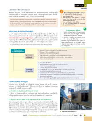 53UNIDAD 1 • Régimen político y constitucional chileno • Historia, Geografía y Ciencias Sociales • IV Medio
U N I D A D 1
Capítulo 2
Sistema electoral municipal
Según el artículo 118 de la Constitución, la administración local de cada
comuna reside en una municipalidad, la que está constituida por el alcalde,
como máxima autoridad, y por el concejo municipal.
Las municipalidades son corporaciones autónomas de derecho público, con perso-
nalidad jurídica y patrimonio propio,“cuya finalidad es satisfacer las necesidades
de la comunidad local y asegurar su participación en el progreso económico,
social y cultural de la comuna”. (Inciso 4° del artículo 118).
Atribuciones de las municipalidades
La Ley Orgánica Constitucional de las Municipalidades de 2001, fija las
funciones y atribuciones de las municipalidades, diferenciando entre
funciones privativas y compartidas. Las funciones privativas son aquellas
exclusivas de las Municipalidades, y las compartidas, son aquellas que la
Municipalidad desarrolla relacionada con otros órganos del Estado.
• En el siguiente esquema se sintetizan las atribuciones de la Municipalidad:
Requisitos para ser alcalde o concejal
•	 Ser ciudadano con derecho a sufragio.
•	 Saber leer y escribir.
•	 Tener residencia en la región a la que per-
tenece la comuna, por al menos dos años
anteriores a la elección.
•	 Tener su situación militar al día.
•	 No estar afecto a alguna de las inhabilida-
des que establece la ley.
Trabajando con el Texto
•	 Realiza un esquema con los requisitos que
se requieren para ser elegido presidente,
senador, diputado, alcalde y concejal.
•	 Compara y establece los requisitos comu-
nes y los que son diferentes.
Revisa las páginas del Texto, en las que se es-
tablecen los requisitos por cargo y la página
17 donde se entregan orientaciones para ha-
cer un esquema.
?
Sistema electoral municipal
Las elecciones de alcalde se realizan al mismo tiempo que las de conceja-
les, pero en cédulas electorales diferentes; es decir, se realizan votaciones
paralelas de alcalde y de concejales.
La elección de alcaldes es de mayoría simple
Es decir, es electo alcalde el candidato que obtenga la mayor cantidad de
sufragios válidamente emitidos, excluidos los blancos y los nulos.
La elección de concejales es el proporcional con cifra repartidora
Este sistema consiste en que primero se suman los votos de todos los can-
didatos de cada lista, y el total se divide por el cociente electoral que se
determina por la cantidad de concejales que corresponda elegir dependiendo
del volumen de electores de la comuna. Luego, se determina el número de
candidatos electos que corresponde a cada lista, y estos se definen según
las votaciones individuales que cada uno haya obtenido.
Funciones
privativas
–	 Elaborar y modificar el plan comunal de desarrollo.
–	 Elaborar el plan regulador comunal.
–	 Promover el desarrollo comunitario.
–	 Aplicar disposiciones sobre transporte y tránsito público.
–	 Aplicar disposiciones sobre construcción y urbanización.
–	 Aseo y ornato comunal.	
Atribuciones
de la Municipalidad
Funciones
compartidas
–	 Educación y cultura.
–	 Salud pública y protección del medio ambiente.
–	 Asistencia social y jurídica.
–	 Turismo, deporte y recreación.
–	 Capacitación, promoción del empleo y fomento productivo.
–	 Urbanización, vialidad urbana y rural.
–	 Construcción de viviendas sociales e infraestructura sanitaria.
–	 Prevención de riesgos y prestación de auxilio en emergencias y catástrofes.
–	 Seguridad ciudadana.
–	 Promoción de la igualdad de oportunidades entre hombres y mujeres.
	 Elecciones municipales 2012.
 