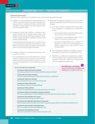 76 UNIDAD 2 • Ser ciudadano en Chile • Historia, Geografía y Ciencias Sociales • IV Medio
U N I D A D 2
Capítulo 1
A c t i v i d a d e v a l u a t i v a
	 Análisis de Constituciones
	 Reúnete con dos compañeros y/o compañeras más y juntos realicen la siguiente actividad:
Los recursos web son los siguientes:
–	 Constitución Política del Estado de Bolivia:
	http://pdba.georgetown.edu/Constitutions/Bolivia/constitucion2009.pdf
–	 Constitución de la Nación Argentina:
	http://www.diputadosalta.gov.ar/images/stories/constitucion_argentina.pdf
–	 Constitución Política de Colombia:
	http://web.presidencia.gov.co/constitucion/index.pdf
–	 Constitución Política del Ecuador:
	http://biblioteca.espe.edu.ec/upload/2008.pdf
–	 Constitución Política del Perú:
	http://www.congreso.gob.pe/ntley/Imagenes/Constitu/Cons1993.pdf
–	 Constitución Política de la República Federativa del Brasil:
	http://www.redipd.org/documentacion/legislacion/common/legislacion/Brasil/constitucion_brasil_1988.pdf
–	 Constitución de la República de Uruguay:
	http://www.rau.edu.uy/uruguay/const97-1.6.htm
–	 Constitución de la República Bolivariana deVenezuela:
	http://aceproject.org/ero-en/regions/americas/UY/uruguay/Uruguay%20(reformas%20hasta%202004).pdf/view
–	 Constitución de los Estados Unidos Mexicanos:
	http://www.diputados.gob.mx/LeyesBiblio/pdf/1.pdf
–	 Constitución de la República de Cuba:
	http://www.cubadebate.cu/cuba/constitucion-republica-cuba/
1.	 Indaguen en otras constituciones latinoamericanas, a lo
menos 2, acerca de los derechos que en cada país se re-
conocen para los ciudadanos. Para ello se recomiendan,
más abajo, algunas páginas web sobre algunas consti-
tuciones latinoamericanas.
2.	 Establezcan criterios para clasificar y sintetizar la infor-
mación obtenida de las distintas constituciones. Estos
pueden ser: requisitos de ciudadanía, suspensión de de-
recho a sufragio, pérdida de ciudadanía, entre otros que
ustedes puedan agregar.
	 Este procedimiento les permitirá tener una visión de con-
junto acerca del reconocimiento de los derechos ciuda-
danos en los distintos países, sin perder por ello profundi-
dad en el conocimiento de cada Constitución.
3.	 Establezcan criterios de comparación entre esas consti-
tuciones y la chilena.
	 Este procedimiento les permitirá determinar el carácter
y tipo de ciudadanía que se postula en la Constitución
chilena, y cómo se encuentra ésta en relación a las carac-
terísticas que se presentan en las constituciones de otras
naciones.
4.	 Respondan las siguientes preguntas, a la luz de su inda-
gación y comparación de los distintos sistemas constitu-
cionales:
a.	 En lo que se refiere al reconocimiento de los dere-
chos ciudadanos, la ciudadanía en la Constitución
chilena:
•	 ¿Es más representativa o más participativa que lo
que ocurre en otras constituciones?
•	 ¿Se encuentra más orientada al Estado o a la so-
ciedad civil que otras constituciones?
•	 ¿Se relaciona directamente con el Estado y el
gobierno, o se halla más intermediada por los
partidos políticos, que lo que ocurre en otras
Constituciones?
b.	 Para cada pregunta elaboren una hipótesis que per-
mita explicar la situación de la ciudadanía en Chile.
c.	 Presenten a su profesor los resultados de su indaga-
ción en un informe que considere aspectos formales
(portada, introducción, evidencias y conclusiones)
como la respuesta de las preguntas.
Procedimientos y estrategias
Revisa las orientaciones para realizar una
clasificación en la página 20 del Texto.
 
