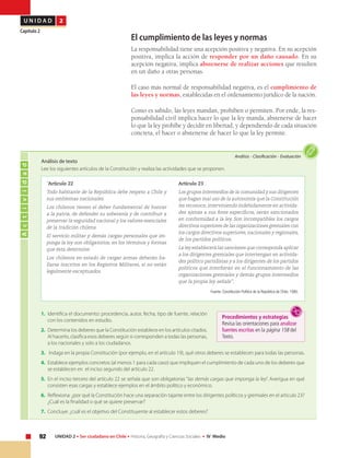 92 UNIDAD 2 • Ser ciudadano en Chile • Historia, Geografía y Ciencias Sociales • IV Medio
U N I D A D 2
Capítulo 2
El cumplimiento de las leyes y normas
La responsabilidad tiene una acepción positiva y negativa. En su acepción
positiva, implica la acción de responder por un daño causado. En su
acepción negativa, implica abstenerse de realizar acciones que resulten
en un daño a otras personas.
El caso más normal de responsabilidad negativa, es el cumplimiento de
las leyes y normas, establecidas en el ordenamiento jurídico de la nación.
Como es sabido, las leyes mandan, prohíben o permiten. Por ende, la res-
ponsabilidad civil implica hacer lo que la ley manda, abstenerse de hacer
lo que la ley prohíbe y decidir en libertad, y dependiendo de cada situación
concreta, el hacer o abstenerse de hacer lo que la ley permite.
	 Análisis de texto
	 Lee los siguientes artículos de la Constitución y realiza las actividades que se proponen.
Actividad
Análisis • Clasificación • Evaluación
“Articulo 22
Todo habitante de la República debe respeto a Chile y
sus emblemas nacionales.
Los chilenos tienen el deber fundamental de honrar
a la patria, de defender su soberanía y de contribuir a
preservar la seguridad nacional y los valores esenciales
de la tradición chilena.
El servicio militar y demás cargas personales que im-
ponga la ley son obligatorios, en los términos y formas
que ésta determine.
Los chilenos en estado de cargar armas deberán ha-
llarse inscritos en los Registros Militares, si no están
legalmente exceptuados.
Artículo 23
Los grupos intermedios de la comunidad y sus dirigentes
que hagan mal uso de la autonomía que la Constitución
les reconoce, interviniendo indebidamente en activida-
des ajenas a sus fines específicos, serán sancionados
en conformidad a la ley. Son incompatibles los cargos
directivos superiores de las organizaciones gremiales con
los cargos directivos superiores, nacionales y regionales,
de los partidos políticos.
La ley establecerá las sanciones que corresponda aplicar
a los dirigentes gremiales que intervengan en activida-
des político partidistas y a los dirigentes de los partidos
políticos que interfieran en el funcionamiento de las
organizaciones gremiales y demás grupos intermedios
que la propia ley señale”.
Fuente: Constitución Política de la República de Chile, 1980.
1.	 Identifica el documento: procedencia, autor, fecha, tipo de fuente, relación
con los contenidos en estudio.
2.	 Determina los deberes que la Constitución establece en los artículos citados.
Al hacerlo, clasifica esos deberes según si corresponden a todas las personas,
a los nacionales y solo a los ciudadanos.
3.	 Indaga en la propia Constitución (por ejemplo, en el artículo 19), qué otros deberes se establecen para todas las personas.
4.	 Establece ejemplos concretos (al menos 1 para cada caso) que impliquen el cumplimiento de cada uno de los deberes que
se establecen en el inciso segundo del artículo 22.
5.	 En el inciso tercero del artículo 22 se señala que son obligatorias “las demás cargas que imponga la ley”. Averigua en qué
consisten esas cargas y establece ejemplos en el ámbito político y económico.
6.	 Reflexiona: ¿por qué la Constitución hace una separación tajante entre los dirigentes políticos y gremiales en el artículo 23?
¿Cuál es la finalidad o qué se quiere preservar?
7.	 Concluye: ¿cuál es el objetivo del Constituyente al establecer estos deberes?
Procedimientos y estrategias
Revisa las orientaciones para analizar
fuentes escritas en la página 158 del
Texto.
 