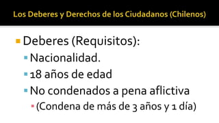  Deberes (Requisitos):
Nacionalidad.
18 años de edad
No condenados a pena aflictiva
▪(Condena de más de 3 años y 1 día)
 