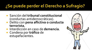  Sanción del tribunal constitucional
(conductas antidemocráticas).
 Delito con pena aflictiva o conducta
terrorista.
 Interdicción en caso de demencia.
 Condena por tráfico de
estupefacientes.
 
