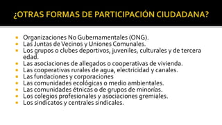  Organizaciones No Gubernamentales (ONG).
 Las Juntas deVecinos y Uniones Comunales.
 Los grupos o clubes deportivos, juveniles, culturales y de tercera
edad.
 Las asociaciones de allegados o cooperativas de vivienda.
 Las cooperativas rurales de agua, electricidad y canales.
 Las fundaciones y corporaciones
 Las comunidades ecológicas o medio ambientales.
 Las comunidades étnicas o de grupos de minorías.
 Los colegios profesionales y asociaciones gremiales.
 Los sindicatos y centrales sindicales.
 