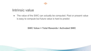 Intrinsic value
● The value of the SWC can actually be computed. Past or present value
is easy to compute but future value is hard to predict
SWC Value = Total Rewards / Activated SWC
 