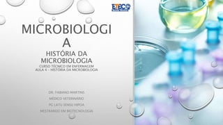 MICROBIOLOGI
A
HISTÓRIA DA
MICROBIOLOGIA
CURSO TÉCNICO EM ENFERMAGEM
AULA 4 – HISTÓRIA DA MICROBIOLOGIA
DR. FABIANO MARTINS
MÉDICO VETERINÁRIO
PG LATU SENSU HIPOA
MESTRANDO EM BIOTECNOLOGIA
 
