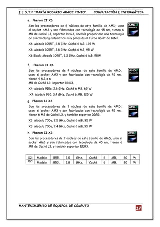 I.E.S.T.P “MARÍA ROSARIO ARAOZ PINTO” COMPUTACIÓN E INFORMÁTICA
MANTENIMIENTO DE EQUIPOS DE CÓMPUTO
17
e. Phenom II X6
Son los procesadores de 6 núcleos de esta familia de AMD, usan
el socket AM3 y son fabricados con tecnología de 45 nm, tienen 6
MB de Caché L3, soportan DDR3, además proporciona una tecnología
de overclocking automático muy parecida al Turbo Boost de Intel.
X6: Modelo 1055T, 2.8 GHz, Caché 6 MB, 125 W
X6: Modelo 1055T, 2.8 GHz, Caché 6 MB, 95 W
X6 Black: Modelo 1090T, 3.2 GHz, Caché 6 MB, 95W
f. Phenom II X4
Son los procesadores de 4 núcleos de esta familia de AMD,
usan el socket AM3 y son fabricados con tecnología de 45 nm,
tienen 4 MB o 6
MB de Caché L3, soportan DDR3.
X4: Modelo 910e, 2.6 GHz, Caché 6 MB, 65 W
X4: Modelo 965, 3.4 GHz, Caché 6 MB, 125 W
g. Phenom II X3
Son los procesadores de 3 núcleos de esta familia de AMD,
usan el socket AM3 y son fabricados con tecnología de 45 nm,
tienen 6 MB de Caché L3, y también soportan DDR3.
X3: Modelo 705e, 2.5 GHz, Caché 6 MB, 95 W
X3: Modelo 700e, 2.4 GHz, Caché 6 MB, 95 W
h. Phenom II X2
Son los procesadores de 2 núcleos de esta familia de AMD, usan el
socket AM3 y son fabricados con tecnología de 45 nm, tienen 6
MB de Caché L3, y también soportan DDR3.
X2: Modelo B55, 3.0 GHz, Caché 6 MB, 80 W
X2: Modelo B53, 2.8 GHz, Caché 6 MB, 80 W
 