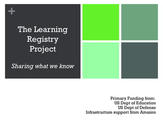 +
The Learning
Registry
Project
Sharing what we know
Primary Funding from:
US Dept of Education
US Dept of Defense
Infrastructure support from Amazon
 