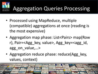Aggregation Queries Processing
• Processed using MapReduce, multiple
  (compatible) aggregations at once (reading is
  the most expensive)
• Aggregation map phase: List<Pairs> map(Row
  r), Pair=<Agg_key, value>, Agg_key=<agg_id,
  agg_on_value,…>
• Aggregation reduce phase: reduce(Agg_key,
  values, context)
 