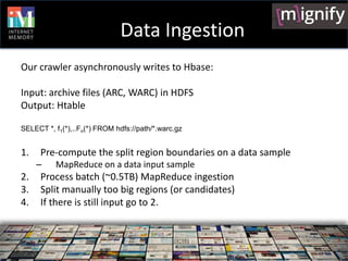 Data Ingestion
Our crawler asynchronously writes to Hbase:

Input: archive files (ARC, WARC) in HDFS
Output: Htable

SELECT *, f1(*),..Fn(*) FROM hdfs://path/*.warc.gz


1.    Pre-compute the split region boundaries on a data sample
     –    MapReduce on a data input sample
2.    Process batch (~0.5TB) MapReduce ingestion
3.    Split manually too big regions (or candidates)
4.    If there is still input go to 2.
 