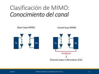 5/2/2019 FRANCISCO SANDOVAL | FASANDOVAL@UTPL.EDU.EC 12
Clasificación de MIMO:
Conocimiento del canal
RxTx Tx Rx
Feedback
Channel status information (CSI)
Open-loop MIMO closed-loop MIMO
 