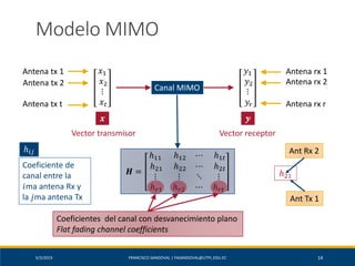 5/2/2019 FRANCISCO SANDOVAL | FASANDOVAL@UTPL.EDU.EC 14
Modelo MIMO
𝑥1
𝑥2
⋮
𝑥 𝑡
𝑦1
𝑦2
⋮
𝑦𝑟
Canal MIMO
𝒙 𝒚
Antena tx 1
Antena tx 2
Antena tx t
Antena rx 1
Antena rx 2
Antena rx r
Vector transmisor Vector receptor
𝑯 =
ℎ11 ℎ12 ⋯ ℎ1𝑡
ℎ21 ℎ22 ⋯ ℎ2𝑡
⋮ ⋮ ⋱ ⋮
ℎ 𝑟1 ℎ 𝑟2 ⋯ ℎ 𝑟𝑡
Coeficientes del canal con desvanecimiento plano
Flat fading channel coefficients
ℎ𝑖𝑗
Coeficiente de
canal entre la
𝑖ma antena Rx y
la 𝑗ma antena Tx
ℎ21
Ant Rx 2
Ant Tx 1
 