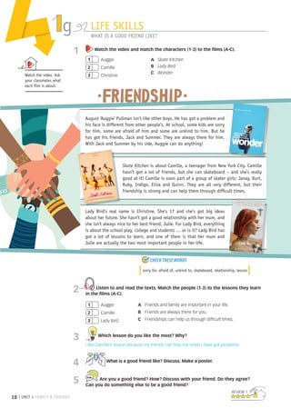 18 | UNIT 1 FAMILY  FRIENDS
LIFE SKILLS
REVIEW 1
g WHAT IS A GOOD FRIEND LIKE?
1 Watch the video and match the characters (1-3) to the films (A-C).
1 Auggie
2 Camille
3 Christine
A Skate Kitchen
B Lady Bird
C Wonder
2 Listen to and read the texts. Match the people (1-3) to the lessons they learn
in the films (A-C).
1 Auggie
2 Camille
3 Lady Bird
A Friends and family are important in your life.
B Friends are always there for you.
C Friendships can help us through difficult times.
3 Which lesson do you like the most? Why?

I like Camille’s lesson because my friends can help me when I have got problems.
4 What is a good friend like? Discuss. Make a poster.
5 Are you a good friend? How? Discuss with your friend. Do they agree?
Can you do something else to be a good friend?
Watch the video. Ask
your classmates what
each film is about.
August ‘Auggie’ Pullman isn’t like other boys. He has got a problem and
his face is different from other people’s. At school, some kids are sorry
for him, some are afraid of him and some are unkind to him. But he
has got his friends, Jack and Summer. They are always there for him.
With Jack and Summer by his side, Auggie can do anything!
Skate Kitchen is about Camille, a teenager from New York City. Camille
hasn’t got a lot of friends, but she can skateboard – and she’s really
good at it! Camille is soon part of a group of skater girls: Janay, Kurt,
Ruby, Indigo, Eliza and Quinn. They are all very different, but their
friendship is strong and can help them through difficult times.
Lady Bird’s real name is Christine. She’s 17 and she’s got big ideas
about her future. She hasn’t got a good relationship with her mum, and
she isn’t always nice to her best friend, Julie. For Lady Bird, everything
is about the school play, college and students … or is it? Lady Bird has
got a lot of lessons to learn, and one of them is that her mum and
Julie are actually the two most important people in her life.
sorry for, afraid of, unkind to, skateboard, relationship, lesson
4Minds A1 INT Ss Unit 1.indd 18 04/01/2023 16:09
 