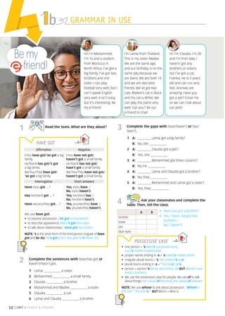 12 | UNIT 1 FAMILY  FRIENDS
GRAMMAR IN USE
b
2 Complete the sentences with have/has got or
haven’t/hasn’t got.
1 Lamai ______________ a sister.
2 Mohammed ______________ a small family.
3 Claudia ______________ a brother.
4 Mohammed and Madee ______________ a sister.
5 Claudia ______________ a cat.
6 Lamai and Claudia ______________ a brother.
1 Read the texts. What are they about?
3 Complete the gaps with have/haven’t or has/
hasn’t.
1 A: ___________ Lamai got a big family?
		B: No, she ______________ .
2 A: ___________ Claudia got a pet?
		B: Yes, she ______________ .
3 A: ___________ Mohammed got three cousins?
		B: No, he ______________ .
4 A: ___________ Lamai and Claudia got a brother?
		B: No, they ______________ .
5 A: ___________ Mohammed and Lamai got a sister?
		B: Yes, they ______________ .
4 Ask your classmates and complete the
table. Then, tell the class.
A B X:	
Have you got a brother?
A:	
Yes, I have. I’ve got two
brothers./
No, I haven’t.
brother
sister
pet
blue eyes
I’m Lamai from Thailand.
This is my sister, Madee.
We are the same age,
and our birthday is on the
same day because we
are twins. We are both 14
and we are also best
friends. We’ve got two
cats. Madee’s cat is Black
and my cat is White. We
can play the piano very
well. Can you? Be our
e-friend to chat!
Hi! I’m Claudia. I’m 20
and I’m from Italy. I
haven’t got any
brothers or sisters,
but I’ve got a cat,
Frankie. He is 3 years
old and can run very
fast. Animals are
amazing. Have you
got a pet? Email me
so we can chat about
our pets!
Be my
-friend!
Hi! I’m Mohammed.
I’m 16 and a student
from Morocco in
North Africa. I’ve got a
big family. I’ve got two
brothers and one
sister. I can play
football very well, but I
can’t speak English
very well. It isn’t easy,
but it’s interesting. Be
my e-friend.
HAVE GOT
Affirmative Negative
I/You have got/’ve got a big
family.
He/She/It has got/’s got
a big family.
We/You/They have got/
’ve got a big family.
I/You have not got/
haven’t got a small family.
He/She/It has not got/
hasn’t got a small family.
We/You/They have not got/
haven’t got a small family.
Interrogative Short answers
Have I/you got ... ?
Has he/she/it got ... ?
Have we/you/they got ... ?
Yes, I/you have. /
No, I/you haven’t.
Yes, he/she/it has. /
No, he/she/it hasn’t.
Yes, you/we/they have. /
No, you/we/they haven’t.
We use have got:
• to express possession. I’ve got a smartwatch.
• to describe appearance. Mario’s got blue eyes.
• to talk about relationships. I have got two sisters.
NOTE: ’s is the short form of the third person singular of have
got and be (is). He’s got a son. (has got) He’s fifteen. (is)
POSSESSIVE CASE
• one person + ’s Mary’s cat (possession),
Lucy’s mother (relationship)
• proper names ending in -s + ’s Lewis’s mobile phone
• irregular plural nouns + ’s the children’s toys
• plural nouns ending in -s + ’ the boys’ pets
• person + person ’s Becky and Anna’s cat BUT (Becky’s and
Anna’s brothers)
• We use the possessive case for people. We use of to talk
about things. the colour of the book, the capital of Vietnam
NOTE: We use whose to ask about possession. “Whose is
this cat?” “It’s John’s.” BUT Who’s = Who is
4Minds A1 INT Ss Unit 1.indd 12 04/01/2023 16:09
 