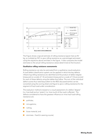 Mining Roads
The Figure shows a typical estimate of rolling resistance (given here as N/
kg, so multiply by 9.81 to give rolling resistance as a percentage) estimated
using the equations above and data in the figure. It also compares the model
estimates to the actual rolling resistance values determined at that location.
Qualitative rolling resistance assessments
Rolling resistance can also be estimated from a qualitative visual evaluation.
A road defect classification system can be applied in which the key defects
influencing rolling resistance are identified and the product of defect degree
(measured on a scale of 1-5) and extent (measured on a scale of 1-5) are scored
for each of these defects using the tables that follow. The sum of the individual
defect scores thus rated (equivalent to the RDS discussed earlier) can be
converted using the scoring sheet and figure to give a rolling resistance for the
segment of haul road under consideration.
The evaluation method is based on a visual assessment of a defect ‘degree’
(i.e. how bad) and an ‘extent’ (i.e. how much) of the road is affected. The
defects considered to have the greatest influence on mine haul road rolling
resistance are:
■	 potholes;
■	 corrugations;
■	 rutting;
■	 loose material; and
■	 stoniness - fixed (in wearing course).
 
