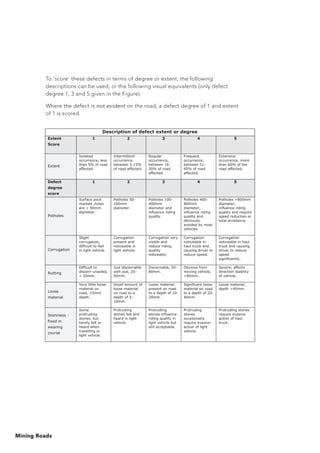 Mining Roads
To ‘score’ these defects in terms of degree or extent, the following
descriptions can be used, or the following visual equivalents (only defect
degree 1, 3 and 5 given in the Figure).
Where the defect is not evident on the road, a defect degree of 1 and extent
of 1 is scored.
Description of defect extent or degree
Extent
Score
1 2 3 4 5
Extent
Isolated
occurrence, less
than 5% of road
affected.
Intermittent
occurrence,
between 5-15%
of road affected.
Regular
occurrence,
between 16-
30% of road
affected.
Frequent
occurrence,
between 31-
60% of road
affected.
Extensive
occurrence, more
than 60% of the
road affected.
Defect
degree
score
1 2 3 4 5
Potholes
Surface pock
marked ,holes
are  50mm
diameter.
Potholes 50-
100mm
diameter.
Potholes 100-
400mm
diameter and
influence riding
quality.
Potholes 400-
800mm
diameter,
influence riding
quality and
obviously
avoided by most
vehicles.
Potholes 800mm
diameter,
influence riding
quality and require
speed reduction or
total avoidance.
Corrugation
Slight
corrugation,
difficult to feel
in light vehicle.
Corrugation
present and
noticeable in
light vehicle.
Corrugation very
visible and
reduce riding
quality
noticeably.
Corrugation
noticeable in
haul truck and
causing driver to
reduce speed.
Corrugation
noticeable in haul
truck and causing
driver to reduce
speed
significantly.
Rutting
Difficult to
discern unaided,
 20mm.
Just discernable
with eye, 20-
50mm.
Discernable, 50-
80mm.
Obvious from
moving vehicle,
80mm.
Severe, affects
direction stability
of vehicle.
Loose
material
Very little loose
material on
road, 5mm
depth.
Small amount of
loose material
on road to a
depth of 5-
10mm.
Loose material
present on road
to a depth of 10-
20mm.
Significant loose
material on road
to a depth of 20-
40mm.
Loose material,
depth 40mm.
Stoniness -
fixed in
wearing
course
Some
protruding
stones, but
barely felt or
heard when
travelling in
light vehicle.
Protruding
stones felt and
heard in light
vehicle.
Protruding
stones influence
riding quality in
light vehicle but
still acceptable.
Protruding
stones
occasionally
require evasive
action of light
vehicle.
Protruding stones
require evasive
action of haul
truck.
 
