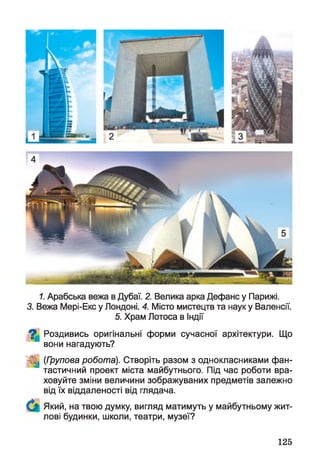 1. Арабська вежа в Дубаї. 2. Велика арка Дефанс у Парижі.
3. Вежа Мері-Екс у Лондоні. 4. Місто мистецтв та наук у Валенсії.
5. Храм Лотоса в Індії
^ Роздивись оригінальні форми сучасної архітектури. Що
вони нагадують?
^ (Групова робота). Створіть разом з однокласниками фан­
тастичний проект міста майбутнього. Під час роботи вра­
ховуйте зміни величини зображуваних предметів залежно
від їх віддаленості від глядача.
Який, на твою думку, вигляд матимуть у майбутньому жит­
лові будинки, школи, театри, музеї?
125
 