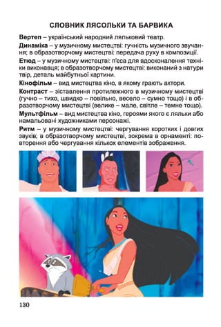 СЛОВНИК ЛЯСОЛЬКИ ТА БАРВИКА
Вертеп - український народний ляльковий театр.
Динаміка - у музичному мистецтві: гучність музичного звучан­
ня; в образотворчому мистецтві: передача руху в композиції.
Етюд - у музичному мистецтві: п’єса для вдосконалення техні­
ки виконавця; в образотворчому мистецтві: виконаний з натури
твір, деталь майбутньої картини.
Кінофільм - вид мистецтва кіно, в якому грають актори.
Контраст - зіставлення протилежного в музичному мистецтві
(гучно - тихо, швидко - повільно, весело - сумно тощо) і в об­
разотворчому мистецтві (велике - мале, світле - темне тощо).
Мультфільм - вид мистецтва кіно, героями якого є ляльки або
намальовані художниками персонажі.
Ритм - у музичному мистецтві: чергування коротких і довгих
звуків; в образотворчому мистецтві, зокрема в орнаменті: по­
вторення або чергування кількох елементів зображення.
130
 