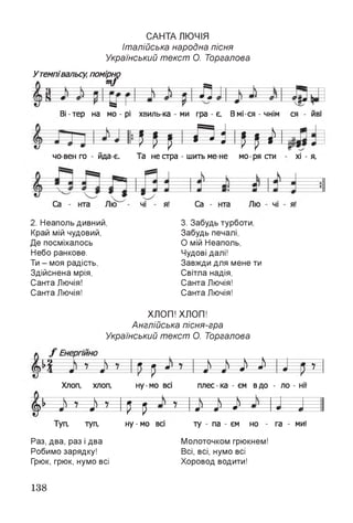 САНТА ЛЮЧІЯ
Італійська народна пісня
Український текст О. Торгалова
Утемпівальсу, помірно
т/
£ щВі-тер на мо - рі хвиль ка - ми гра - є. Вмі-ся-чнім ся иві
Щ р1Ш І іщ і ічо вен го - йда-є. Та нестра - шить ме не мо ря сти - хі - я,
2. Неаполь дивний,
Край мій чудовий,
Де посміхалось
Небо ранкове.
Ти - моя радість,
Здійснена мрія,
Санта Лючія!
Санта Лючія!
3. Забудь турботи,
Забудь печалі,
О мій Неаполь,
Чудові далі!
Завжди для мене ти
Світла надія,
Санта Лючія!
Санта Лючія!
ХЛОП! ХЛОП!
Англійська пісня-гра
Український текст О. Торгалова
с т Ч --------7-----------^ 7--------ґ! * т> 7 N Ь $ « Н - і — •) 74 і в і
Хлоп, хлоп, н
— Р— --------
у -мо всі
а * т
плес -ка - єм вдо -
— —
ло - н
/
ІІ!
А Л -------^ 7------ ^ 7--------Л—И — 7----- її ]> і і .'ІУ ш т у
V --------- 1
і « ' ' і
Туп, туп,
Раз, два, раз і два
Робимо зарядку!
Грюк, грюк, нумо всі
ну - мо всі ту - па - єм но - га - ми!
Молоточком грюкнем!
Всі, всі, нумо всі
Хоровод водити!
138
 