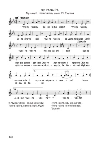 ЧУНГА-ЧАНГА
Музика В. Шаїнського, вірші Ю. Ентіна
і
т /' Рухливо
В щ »—»
Чун-га - чан-га, си ній не бо - край! Чун-га - чан-га,
Е
тлі - то зус-трі - чай! Чун-га - чан-га, ра дість про слав - ляй!
Приспів:
Чун - га - чан-га піс ню за-спі ваи! Ди во -
Е
Єост-рів, диво - ост-рів! Жи-ти
щас-тя не-по - г а - не-жуй ко
лег-ко всім і просто! Жи-ти
ко -си, їж ба - на - ни! Жуй ко
'І.
£лег-ко ВСІМ І
ко - си, їж ба
про сто! гаЧун-га
- ни
чан га! Наше
0 ’ —----->------
$0 *— я— • -----я о= і = и * * ---- я--о-------
//-на - ни! Чун - га - чан - га!
2. Чунга-чанга - місце хоч куди!
Чунга-чанга, нам не знать біди!
Чун-га - чан-га!
Чунга-чанга, хай минає час -
Чунга-чанга не покине нас.
Приспів.
140
 