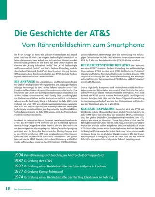 18 Das Unternehmen
Die ATS Gruppe ist heute ein globales Unternehmen mit Stand-
orten rund um die Welt. Der Weg zur Technologieführerschaft am
Leiterplattenmarkt war jedoch von zahlreichen Hürden geprägt.
Geschichtlich gesehen ist die ATS aus drei Gesellschaften ent-
standen: der „Eumig Fohnsdorf GmbH“, der „ATS Technologie-
und Systemtechnik GmbH“ mit Sitz in Leoben-Hinterberg und der
„Steirischen Elektronik GmbH“ mit dem Standort Fehring. Im Jahr
1995 wurden diese drei Gesellschaften zur ATS Austria Techno-
logie  Systemtechnik AG verschmolzen.
Die Anfänge Die „Elektrizitäts- und Metallwaren Indus-
trie GmbH“ (Eumig) wurde 1919 gegründet. Die Eumig produzierte
anfangs Feuerzeuge, in den 1930er-Jahren kam der erste – mit
Handkurbelbetriebene–Eumig-FilmprojektoraufdenMarkt.Ers-
te Schritte am Gebiet der Leiterplattenproduktion wurden in den
1970er-Jahren unternommen, weil Eumig ihre Unabhängigkeit
von Lieferanten erhalten wollte. Nach wirtschaftlich turbulenten
Jahren wurde das Eumig-Werk in Fohnsdorf im Jahr 1981 rück-
wirkend mit Juli 1980 aus dem Gesamtunternehmen ausgeglie-
dert. Erst mit der Verlagerung des Schwerpunktes der Leiterplat-
tenfertigung von einseitigen auf doppelseitig durchkontaktierte
Verbindungselemente im Jahr 1983 konnte sich das Unternehmen
wieder besser positionieren.
Das Werk in Fehring ist der am längsten bestehende Standort der
ATS. Im November 1974 eröffnete die auf Elektronik speziali-
sierte Körting-Gruppe hier einen Betrieb, der auf die Produktion
von Fernsehgeräten mit vorgelagerter Leiterplattenfertigung aus-
gerichtet war. Im Zuge des Konkurses der Körting-Gruppe wur-
de das Werk in Fehring 1979 vom verstaatlichten Elin-Konzern
erworben und in „Steirische Elektronik“ umbenannt. Der größte
österreichische ATS Standort in Leoben-Hinterberg schließlich
wurde auf Grundlage eines im Jahr 1981 mit der IBM Sindelfingen
Die Geschichte der ATS
unterzeichneten Liefervertrags über die Herstellung von mehrla-
gigen Leiterplatten im Jahr 1982 mit einer Investitionssumme von
EUR 14,5 Mio. als Betriebsstätte der VOEST-Alpine errichtet.
Die Geburtsstunde der ATS 1987 entstand
aus dem VOEST-Standort Leoben-Hinterberg das selbstständige
Unternehmen ATS, zu dem sich 1990 die Werke in Fohnsdorf
(Eumig)undFehring(SteirischeElektronik)gesellten.ImJahr1990
folgte die Gründung der E+E Leiterplattenholding als Mutterge-
sellschaftderdreiBetriebsstättenATSFehring,ATSFohnsdorf
sowie ATS Leoben.
Durch High-Tech, Kompetenz und Einsatzbereitschaft der Mitar-
beiterinnen und Mitarbeiter konnte sich die ATS mit den steiri-
schen Werken zu einem Weltunternehmen entwickeln. Nach dem
Erwerb der ATS durch Hannes Androsch, Willi Dörflinger und
Helmut Zoidl im Jahr 1994 und die darauffolgende Umwandlung
in eine Aktiengesellschaft startete das Unternehmen voll durch –
aus der Steiermark ging es in alle Welt.
Globale Expansion Heute hat sich die ATS mit
Werken in Indien, China und Korea als Global Player etabliert. Im
Jahr 1999 wurde mit dem Kauf der indischen INDAL Electronics
Ltd. das größte indische Leiterplattenwerk erworben. Seit 2002
ergänzt ein Werk in Shanghai, China die globale ATS Familie.
Produktionsstart in China war im Jahr 2002, schon im Jahr darauf
wurde das Werk in Indien ausgebaut. Seit 2006 schließlich ist die
ATSdurchdenimmerweiterfortschreitendenAusbaudesWerks
in Shanghai, China sowie durch den Kaufeines Leiterplattenwerks
in Ansan, Korea fest im globalen Markt verankert. Mit der Grund-
steinlegung in Chonqging, China im Jahr 2011 ist der nächste
Schritt in eine weiterhin erfolgreiche Zukunft bereits gesetzt.
Vom Röhrenbildschirm zum Smartphone
1994 Privatisierung und Zuschlag an Androsch-Dörflinger-Zoidl
1987 Gründung der ATS
1982 Gründung einer Betriebsstätte der Voest-Alpine in Leoben
1977 Gründung Eumig-Fohnsdorf
1974 Gründung einer Betriebsstätte der Körting Elektronik in Fehring
 