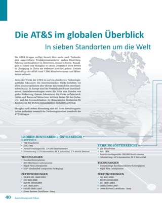 40 Ausrichtung und Fokus
Die ATS im globalen Überblick
Die ATS Gruppe verfügt derzeit über sechs nach Technolo-
gien ausgerichtete Produktionsstandorte: Leoben-Hinterberg,
Fehring und Klagenfurt in Österreich, Ansan in Korea, Nanjan-
gud in Indien und Shanghai in China. Zusätzlich wird derzeit
in Chongqing in China ein siebenter Standort gebaut. Gesamt
beschäftigt die ATS rund 7.500 Mitarbeiterinnen und Mitar-
beiter weltweit.
Jedes der Werke der ATS ist auf ein dezidiertes Technologie-
portfolio fokussiert: Die österreichischen Werke beliefern vor
allem den europäischen aber ebenso zunehmend den amerikani-
schen Markt. In Europa sind im Wesentlichen kurze Durchlauf-
zeiten, Spezialanwendungen sowie die Nähe zum Kunden von
großer Bedeutung. Gesamt fokussieren die Werke in Österreich,
Indien und Korea auf kleine bzw. mittlere Serien für den Indus-
trie- und den Automobilsektor. In China werden Großserien für
Kunden aus der Mobilkommunikations-Industrie gefertigt.
Shanghai und Leoben-Hinterberg sind mit ihren Forschungsein-
heiten außerdem wesentliche Technologietreiber innerhalb der
ATS Gruppe.
In sieben Standorten um die Welt
Leoben-Hinterberg (Österreich)
HAUPTSITZ
ƒƒ 753 Mitarbeiter
ƒƒ Seit: 1982
ƒƒ Produktionskapazität: 130.000 Quadratmeter
ƒƒ Orientierung: 12 % Automotive, 86 % Industrial, 2 % Mobile Devices
Technologien
ƒƒ Standardleiterplatten
ƒƒ HDI-Multilayer-Leiterplatten
ƒƒ Rigid-Flex Leiterplatten
ƒƒ ECP®
(Embedded Component Packaging)
Zertifizierungen
ƒƒ DS/EN ISO 13485:2003
ƒƒ ISO 9001:2008
ƒƒ ISO/TS 16949:2009
ƒƒ ISO 14001:2004
ƒƒ OHSAS 18001:2007
ƒƒ Green Partner Certificate - Sony
Fehring (Österreich)
ƒƒ 379 Mitarbeiter
ƒƒ Seit: 1974
ƒƒ Produktionskapazität: 300.000 Quadratmeter
ƒƒ Orientierung: 44 % Automotive, 56 % Industrial
Technologien
ƒƒ Doppelseitige durchkontaktierte Leiterplatten
ƒƒ Rigid-Flex Leiterplatten
Zertifizierungen
ƒƒ ISO 9001:2008
ƒƒ ISO/TS 16949:2009
ƒƒ ISO 14001:2004
ƒƒ OHSAS 18001:2007
ƒƒ Green Partner Certificate - Sony
 