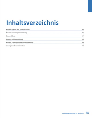 65Konzernabschluss zum 31. März 2012
Inhaltsverzeichnis
Konzern-Gewinn- und Verlustrechnung 66
Konzern-Gesamtergebnisrechnung 66
Konzernbilanz 67
Konzern-Geldflussrechnung 68
Konzern-Eigenkapitalveränderungsrechnung 69
Anhang zum Konzernabschluss 70
 