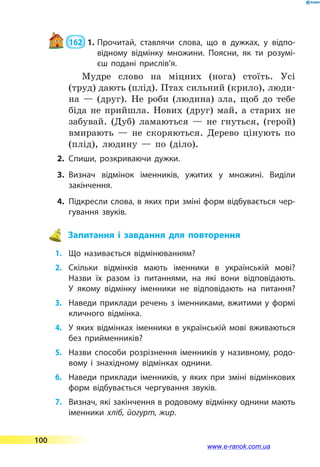  162  1.	Прочитай, ставлячи слова, що в дужках, у відпо­
відному відмінку множини. Поясни, як ти розумі­
єш подані прислів’я.
Мудре слово на міцних (нога) стоїть. Усі
(труд) дають (плід). Птах сильний (крило), люди-
на  — (друг). Не роби (людина) зла, щоб до тебе
біда не прийшла. Нових (друг) май, а старих не
забувай. (Дуб) ламаються  — не гнуться, (герой)
вмирають  — не скоряються. Дерево цінують по
(плід), людину  — по (діло).
2.	Спиши, розкриваючи дужки.
3.	Визнач відмінок іменників, ужитих у множині. Виділи
закінчення.
4.	 Підкресли слова, в яких при зміні форм відбувається чер­
гування звуків.
 Запитання і завдання для повторення
1.	 Що називається відмінюванням?
2.	Скільки відмінків мають іменники в українській мові?
Назви їх разом із питаннями, на які вони відповідають.
У  якому відмінку іменники не відповідають на питання?
3.	 Наведи приклади речень з іменниками, вжитими у формі
кличного відмінка.
4.	 У яких відмінках іменники в українській мові вживаються
без прийменників?
5.	 Назви способи розрізнення іменників у називному, родо­
вому і знахідному відмінках однини.
6.	 Наведи приклади іменників, у яких при зміні відмінкових
форм відбувається чергування звуків.
7.	 Визнач, які закінчення в родовому відмінку однини мають
іменники хліб, йогурт, жир.
100
www.e-ranok.com.ua
 
