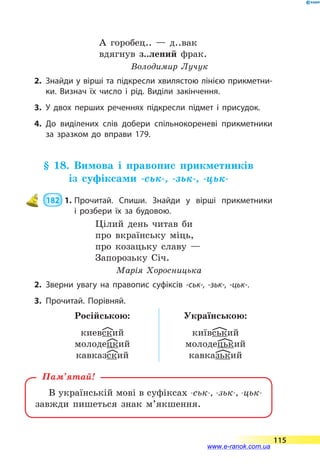 А горобец..  — д..вак
вдягнув з..лений фрак.
Володимир Лучук
2.	 Знайди у вірші та підкресли хвилястою лінією прикметни­
ки. Визнач їх число і рід. Виділи закінчення.
3.	У двох перших реченнях підкресли підмет і присудок.
4.	До виділених слів добери спільнокореневі прикметники
за зразком до вправи 179.
§ 18. Вимова і правопис прикметників
із суфіксами -ськ-, -зьк-, -цьк-
 182  1.	Прочитай. Спиши. Знайди у вірші прикметники
і  розбери їх за будовою.
Цілий день читав би
про вкраїнську міць,
про козацьку славу —
Запорозьку Січ.
Марія Хоросницька
2.	Зверни увагу на правопис суфіксів -ськ-, -зьк-, -цьк-.
3.	Прочитай. Порівняй.
Російською: Українською:
киевyский
молодеyцкий
кавказyский
київyський
молодеyцький
кавкаyзький
В українській мові в суфіксах -ськ-, -зьк-, -цьк-
завжди пишеться знак м’якшення.
Пам’ятай!
115
www.e-ranok.com.ua
 