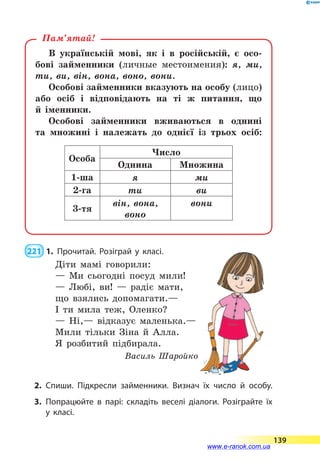 В українській мові, як і в російській, є осо-
бові займенники (личные местоимения): я, ми,
ти, ви, він, вона, воно, вони.
Особові займенники вказують на особу (лицо)
або осіб і відповідають на ті ж питання, що
й  іменники.
Особові займенники вживаються в однині
та  множині і належать до однієї із трьох осіб:
Особа
Число
Однина Множина
1-ша я ми
2-га ти ви
3-тя
він, вона,
воно
вони
Пам’ятай!
 221  1.	Прочитай. Розіграй у класі.
Діти мамі говорили:
— Ми сьогодні посуд мили!
— Любі, ви!  — радіє мати,
що взялись допомагати.—
І ти мила теж, Оленко?
— Ні,— відказує маленька.—
Мили тільки Зіна й Алла.
Я розбитий підбирала.
Василь Шаройко
2.	Спиши. Підкресли займенники. Визнач їх число й особу.
3.	Попрацюйте в парі: складіть веселі діалоги. Розіграйте їх
у класі.
139
www.e-ranok.com.ua
 