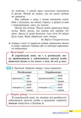 не помічає. І лосеві враз схотілося колупнути
її рогом. Нехай не думає, що на нього можна
не  зважати.
Він зайшов у воду і почав неквапно пити.
Пив і відчував, як минає спрага, а разом із нею
і невиправдана лють на чаплю.
Потім він пішов. Чапля довго дивилася йому
вслід. Вона знала, що завтра він пройде тут
знов. Знала й дуже боялася. Але піти їй звідси
було ніяк. Вона оберігала своє гніздо.
За Юрієм Старостенком
3.	Знайди в тексті та підкресли особові займенники. Визнач
їх особу і відмінок. Перевір себе за таблицею відмінюван­
ня займенників.
В українській мові, як і в російській, піс-
ля прийменників у займенниках третьої особи
пишеться буква н: на нього, з нею, до неї, у них.
Пам’ятай!
 230  1.	Прочитай. Порівняй. Говори і пиши правильно.
Російською: Українською:
доволен
им
ею
ими
задоволений
ним
нею
ними
говорил с
ним
нею
ними
говорив з
ним
нею
ними
В українській мові, на відміну від російської,
займенники третьої особи в орудному відмінку
завжди пишуться з буквою н.
Зверни увагу!
145
www.e-ranok.com.ua
 