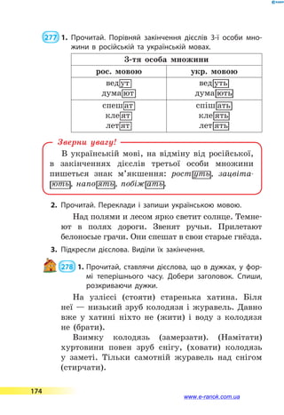  277  1.	Прочитай. Порівняй закінчення дієслів 3-ї особи мно­
жини в  російській та українській мовах.
3-тя особа множини
рос. мовою укр. мовою
Зверни увагу!
2.	Прочитай. Переклади і запиши українською мовою.
Над полями и лесом ярко светит солнце. Темне­
ют в полях дороги. Звенят ручьи. Прилетают
белоносые грачи. Они спешат в свои старые гнёзда.
3.	Підкресли дієслова. Виділи їх закінчення.
 278  1.	Прочитай, ставлячи дієслова, що в дужках, у фор­
мі теперішнього часу. Добери заголовок. Спиши,
розкриваючи дужки.
На узліссі (стояти) старенька хатина. Біля
неї — низький зруб колодязя і журавель. Давно
вже у хатині ніхто не (жити) і воду з  колодязя
не (брати).
Взимку колодязь (замерзати). (Намітати)
хуртовини повен зруб снігу, (ховати) колодязь
у  заметі. Тільки самотній журавель над снігом
(стирчати).
174
www.e-ranok.com.ua
 