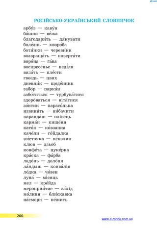 РОСІЙСЬКО-УКРАЇНСЬКИЙ СЛОВНИЧОК
арбу5з — каву5н
ба5шня — ве5жа
благодари5ть — дя5кувати
боле5знь — хворо5ба
боти5нки — череви5ки
возвраща5ть — поверта5ти
воро5на — ґа5ва
воскресе5нье — неді5ля
вяза5ть — пле5сти
гвоздь — цвях
дневни5к — щоде5нник
забо5р — парка5н
забо5титься — турбува5тися
здоро5ваться — віта5тися
зо5нтик — парасо5лька
извини5ть — ви5бачити
каранда5ш — оліве5ць
карма5н — кише5ня
като5к — ко5взанка
каче5ли — го5йдалка
ки5сточка — пе5нзлик
клюв — дзьоб
конфе5та — цуке5рка
кра5ска — фа5рба
ладо5нь — доло5ня
ла5ндыш — конва5лія
ло5дка — чо5вен
луна5 — мі5сяць
мел — кре5йда
мероприя5тие — за5хід
мо5лния — бли5скавка
на5сморк — не5жить
200
www.e-ranok.com.ua
 
