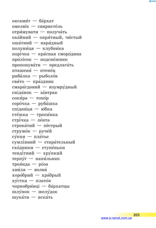 оксами5т — ба5рхат
омелю5х — свиристе5ль
отри5мувати — получа5ть
оха5йний — опря5тный, чи5стый
оша5тний — наря5дный
полуни5ця — клубни5ка
порі5чка — кра5сная сморо5дина
про5лісок — подсне5жник
пропонува5ти — предлага5ть
пташеня5 — птене5ц
риба5лка — рыболо5в
свя5то — пра5здник
смара5гдовий — изумру5дный
сніда5нок — за5втрак
соки5ра — топо5р
соро5чка — руба5шка
спідни5ця — ю5бка
сте5жка — тропи5нка
стрі5чка — ле5нта
строка5тий — пёстрый
струмо5к — руче5й
су5кня — пла5тье
сумлі5нний — стара5тельный
схо5динки — ступе5ньки
тенді5тний — хру5пкий
терпу5г — напи5льник
троя5нда — ро5за
хви5ля — волна5
хоро5брий — хра5брый
ху5стка — плато5к
чорнобри5вці — ба5рхатцы
шлу5нок — желу5док
шука5ти — иска5ть
203
www.e-ranok.com.ua
 