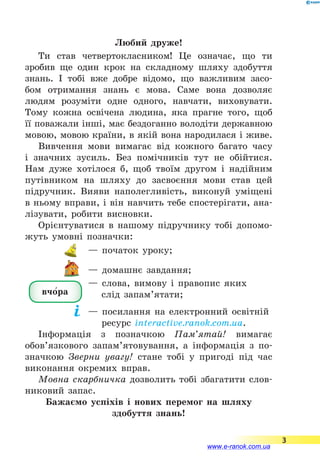 Любий друже!
Ти став четвертокласником! Це означає, що ти
зробив ще один крок на складному шляху здобуття
знань. І тобі вже добре відомо, що важливим засо-
бом отримання знань є мова. Саме вона дозволяє
людям розуміти одне одного, навчати, виховувати.
Тому кожна освічена людина, яка прагне того, щоб
її поважали інші, має бездоганно володіти державною
мовою, мовою країни, в якій вона народилася і живе.
Вивчення мови вимагає від кожного багато часу
і значних зусиль. Без помічників тут не обійтися.
Нам дуже хотілося б, щоб твоїм другом і надійним
путівником на шляху до засвоєння мови став цей
підручник. Вияви наполегливість, виконуй уміщені
в ньому вправи, і він навчить тебе спостерігати, ана-
лізувати, робити висновки.
Орієнтуватися в нашому підручнику тобі допомо-
жуть умовні позначки:
	 — початок уроку;
	 — домашнє завдання;
вчо5ра
	 — слова, вимову і правопис яких
	 		 слід запам’ятати;
	 — посилання на електронний освітній
		 ресурс interactive.ranok.com.ua.
Інформація з позначкою Па­м’я­тай! вимагає
обов’яз­ко­вого запам’ятовування, а  інформація з  по­-
значкою Зверни увагу! стане тобі у  пригоді під час
виконання окремих вправ.
Мовна скарбничка дозволить тобі збагатити слов-
никовий запас.
Бажаємо успіхів і нових перемог на шляху
здобуття знань!
3
www.e-ranok.com.ua
 