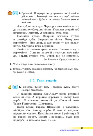  49  1.	Прочитай. Поміркуй, чи дотримана послідовність
дій в тексті. Розташуй частини так, щоб вийшов
зв’язний текст. Добери заголовок. Запиши утворе­
ний текст.
Але дуб не загинув. Через рік зазеленіли моло-
ді пагони, де обгоріли гілки. Укрився старий дуб
кучерявим листям. А верхівка була суха.
Налетіла гроза. Вдарила вогняна стріла
в  стовбур дуба. Затремтіли гілки. Загорілось
верховіття. Лив дощ, а дуб горів  — аж палах-
котів. Обгоріла його верхівка.
Летіли з теплого краю лелеки. Бачать — сухе
верховіття. Сіли на нього й змостили там гніз-
до. Зрадів старий дуб. Тепер він не самотній.
За Василем Сухомлинським
2.	Усно склади план записаного тексту.
3.	Визнач, у якому значенні (прямому чи переносному) вжи­
то виділене слово.
§ 5. Типи текстів
50  1.	Прочитай. Визнач тему і головну думку тексту.
Добери заголовок.
У гарячих пісках Кос-Аралу росте великий
зелений сад. А першим деревом у ньому була
верба. Її посадив великий український поет
Тарас Григорович Шевченко.
Коли везли Тараса Шевченка в заслання,
підібрав він гілочку верби. З нею за пазухою
переплив човном Каспійське море і увіткнув її
на городі форту. Голим і порожнім було тоді
подвір’я, а навколо самі піски.
31
www.e-ranok.com.ua
 