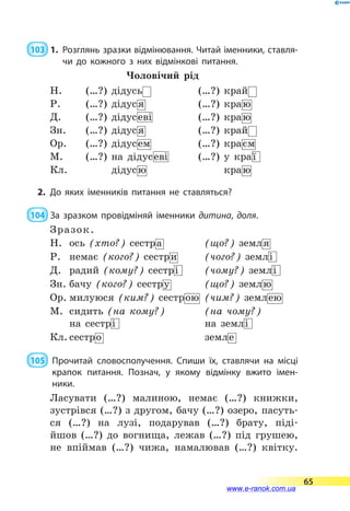  103  1.	Розглянь зразки відмінювання. Читай іменники, ставля­
чи до кожного з них відмінкові питання.
Чоловічий рід
Н. (…?) дідусь (…?) край
Р. (…?) дідуся (…?) краю
Д. (…?) дідусеві (…?) краю
Зн. (…?) дідуся (…?) край
Ор. (…?) дідусем (…?) краєм
М. (…?) на дідусеві (…?) у краї
Кл. дідусю краю
2.	До яких іменників питання не ставляться?
 104  За зразком провідміняй іменники дитина, доля.
Зразок.
Н. ось (хто?) сестра (що?) земля
Р. немає (кого?) сестри (чого?) землі
Д. радий (кому?) сестрі (чому?) землі
Зн. бачу (кого?) сестру (що?) землю
Ор. милуюся (ким?) сестрою (чим?) землею
М. сидить (на кому?)
на  сестрі
(на чому?)
на  землі
Кл. сестро земле
 105 	 Прочитай словосполучення. Спиши їх, ставлячи на  місці
крапок питання. Познач, у якому відмінку вжито імен­
ники.
Ласувати (…?) малиною, немає (…?) книжки,
зустрівся (…?) з другом, бачу (…?) озеро, пасуть-
ся (…?) на лузі, подарував (…?) брату, піді­
йшов (…?) до вогнища, лежав (…?) під грушею,
не  впіймав (…?) чижа, намалював (…?) квітку.
65
www.e-ranok.com.ua
 